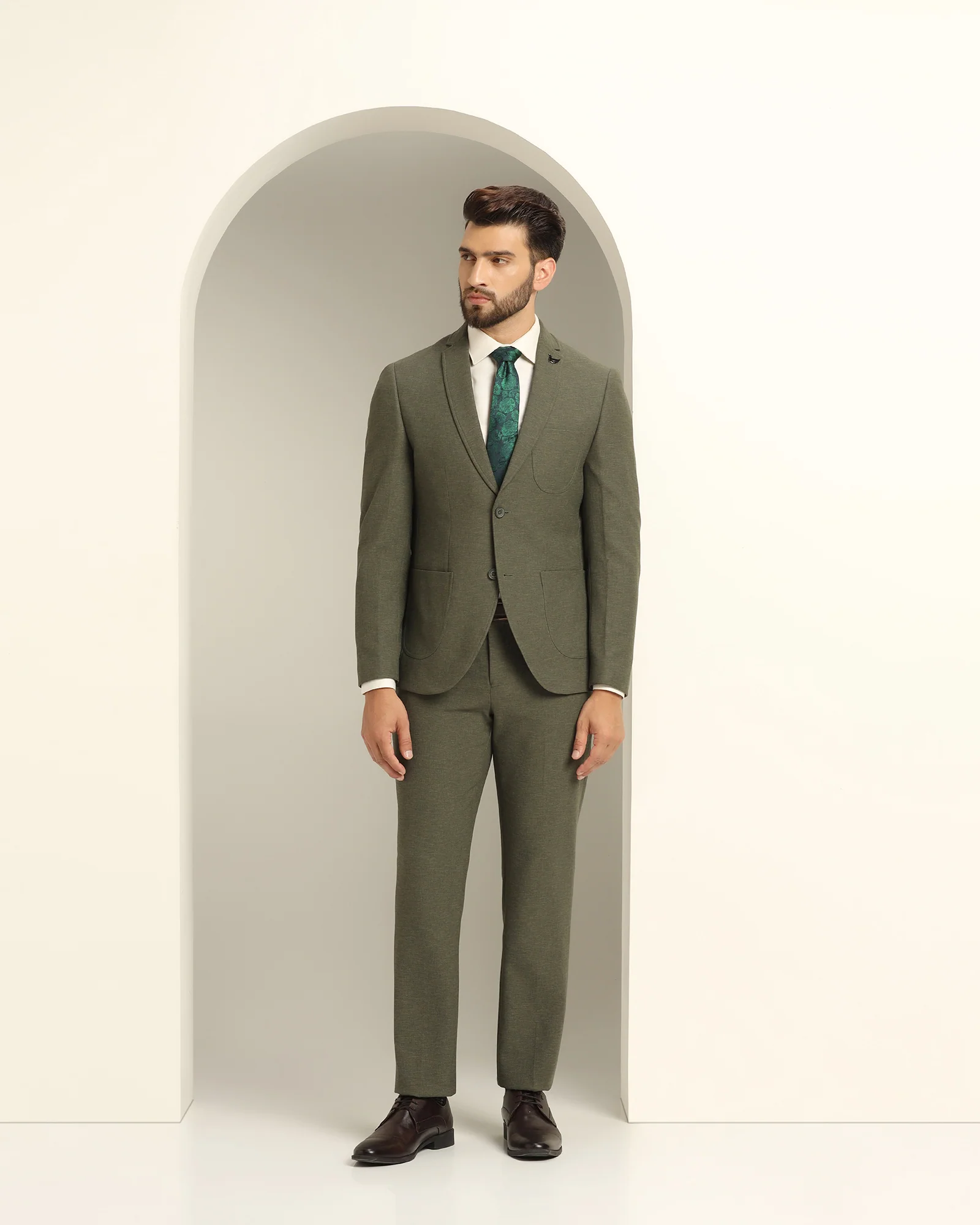 Two Piece Olive Green Solid Formal Suit - Juttex - Image 3