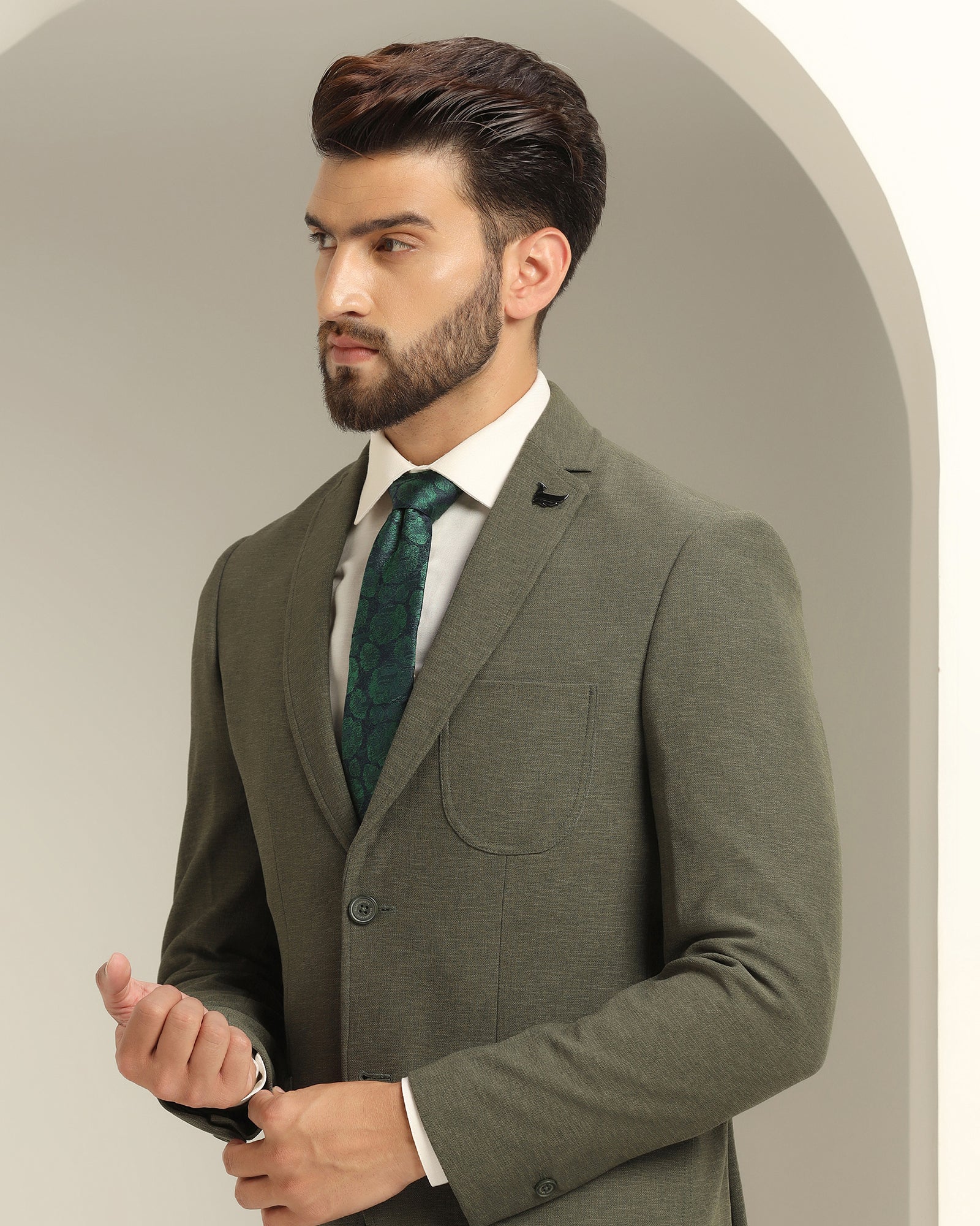 Two Piece Olive Green Solid Formal Suit - Juttex - Image 4