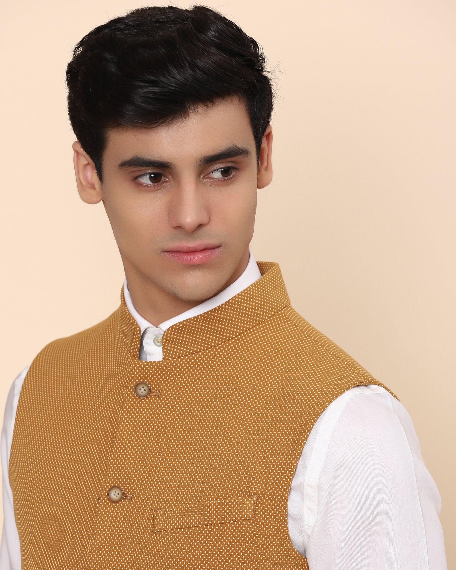 Bandhgala Formal Ochre Textured Waistcoat - Aleta - Image 3