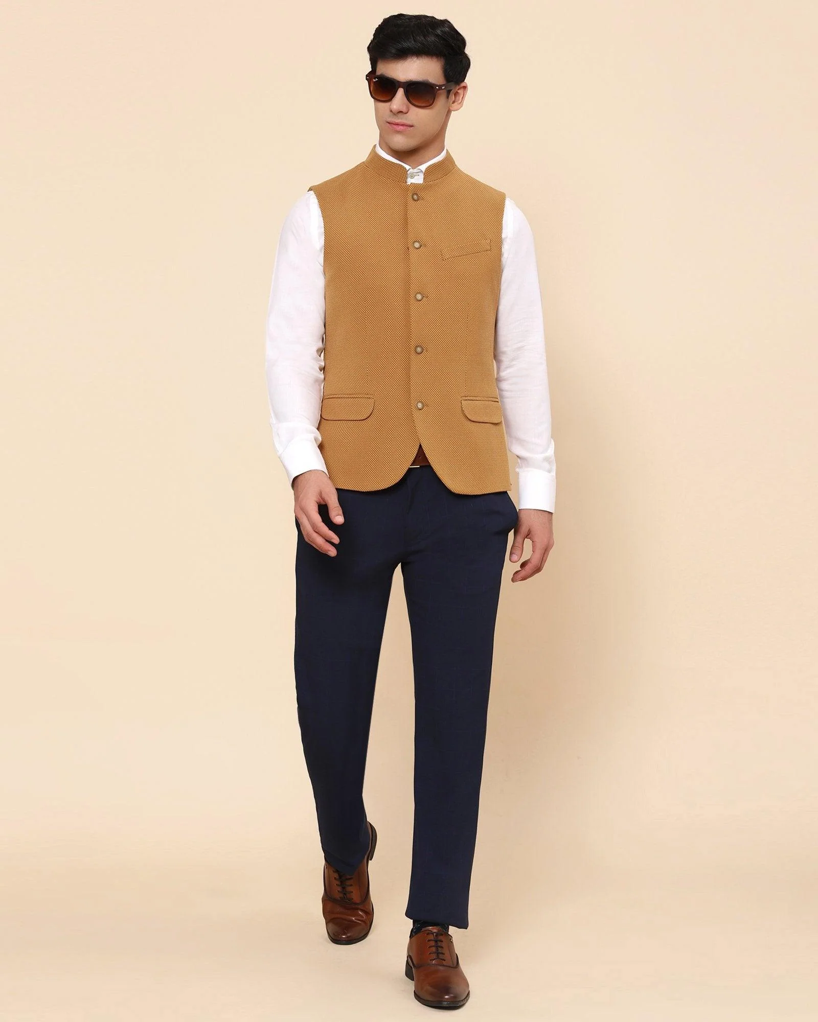 Bandhgala Formal Ochre Textured Waistcoat - Aleta - Image 4