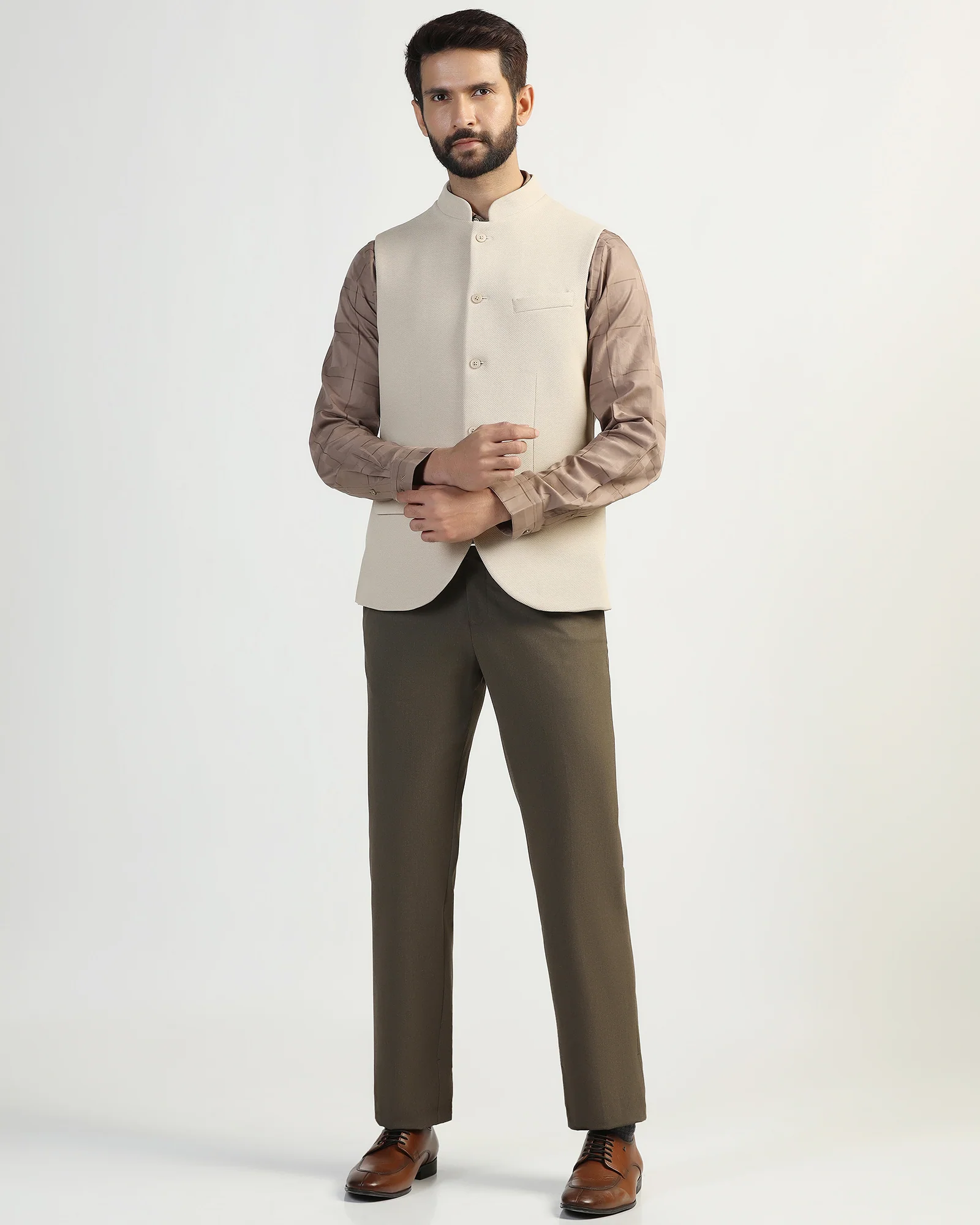 Bandhgala Formal Beige Textured Waistcoat - Clarins - Image 3