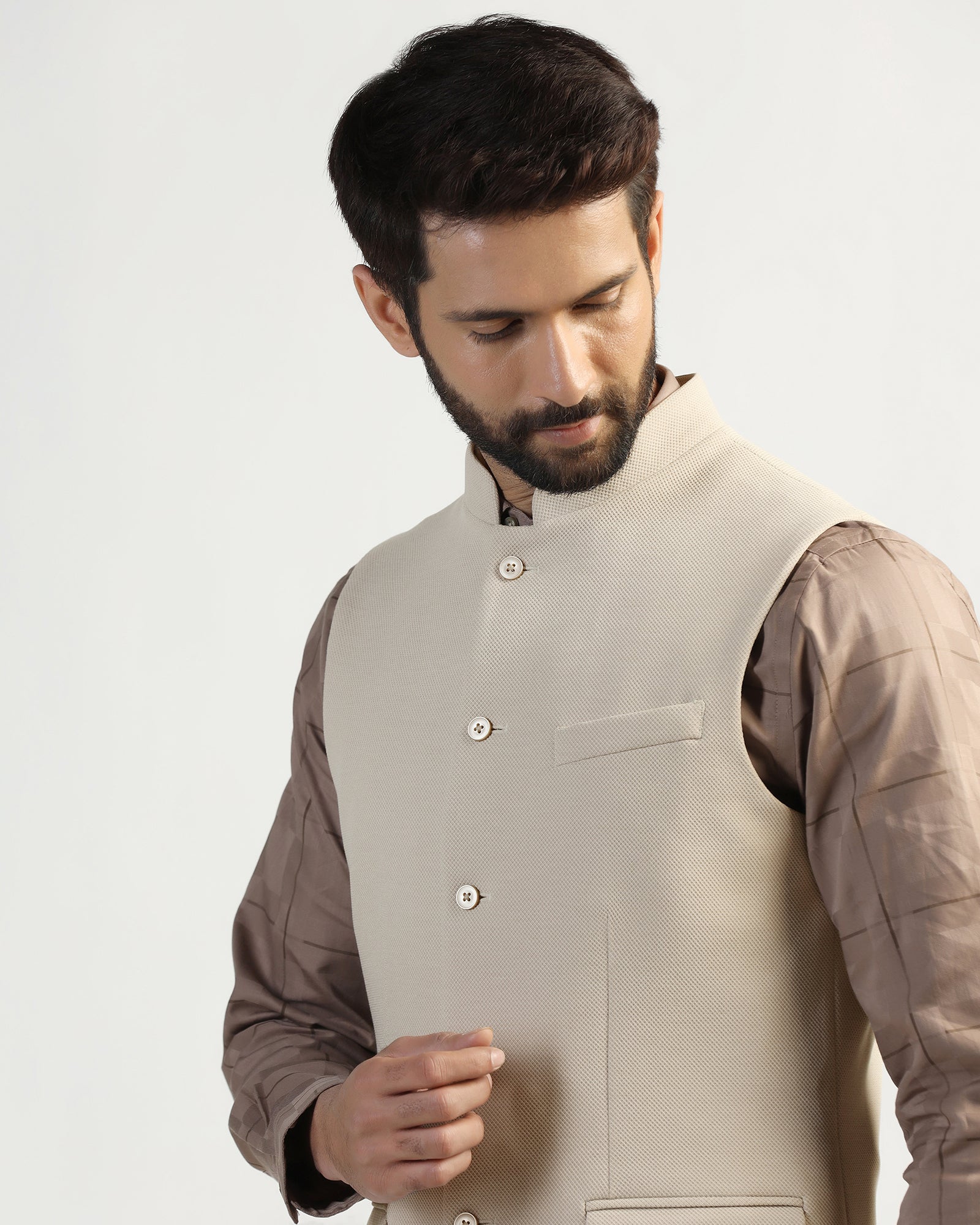 Bandhgala Formal Beige Textured Waistcoat - Clarins - Image 4
