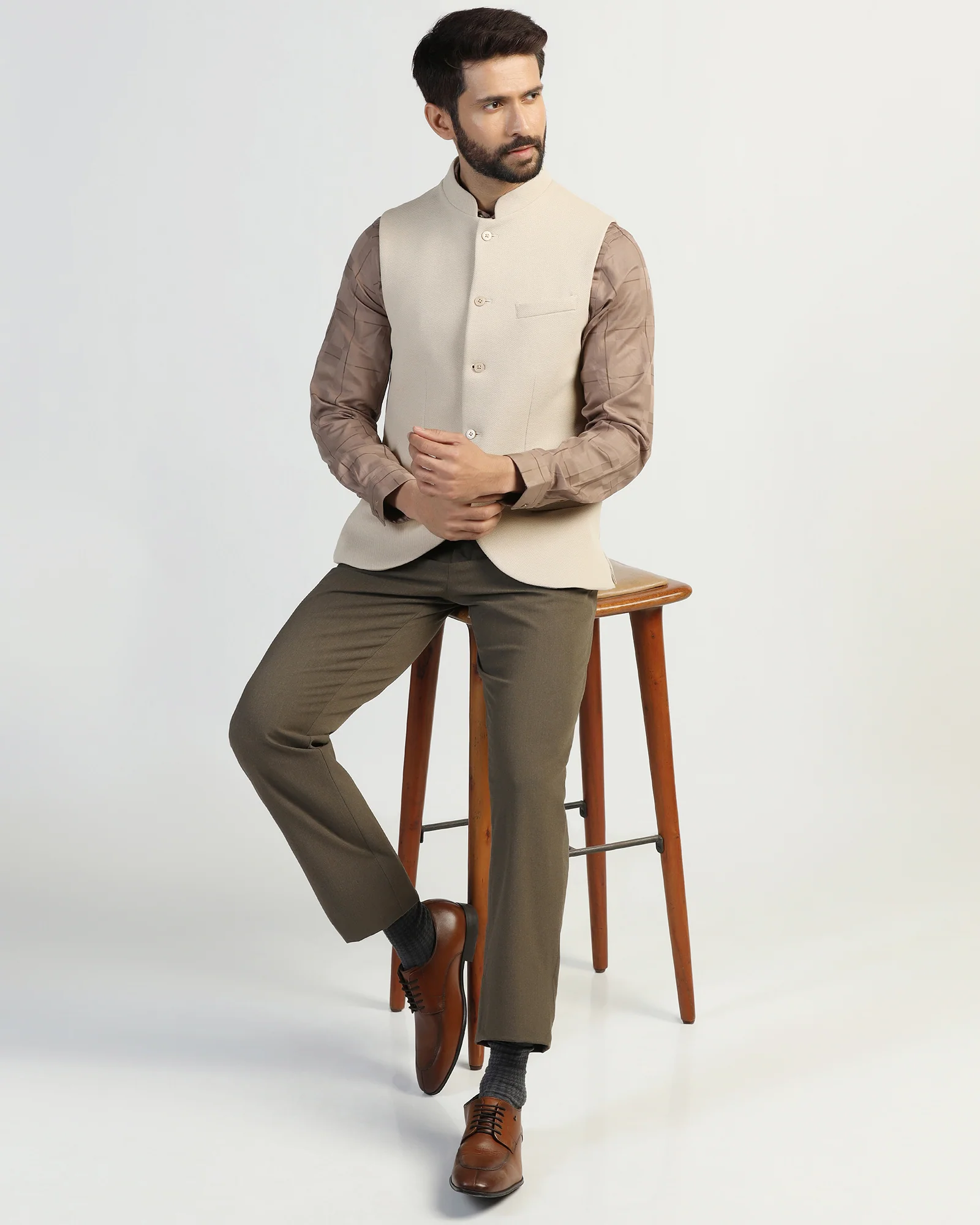Bandhgala Formal Beige Textured Waistcoat - Clarins - Image 5