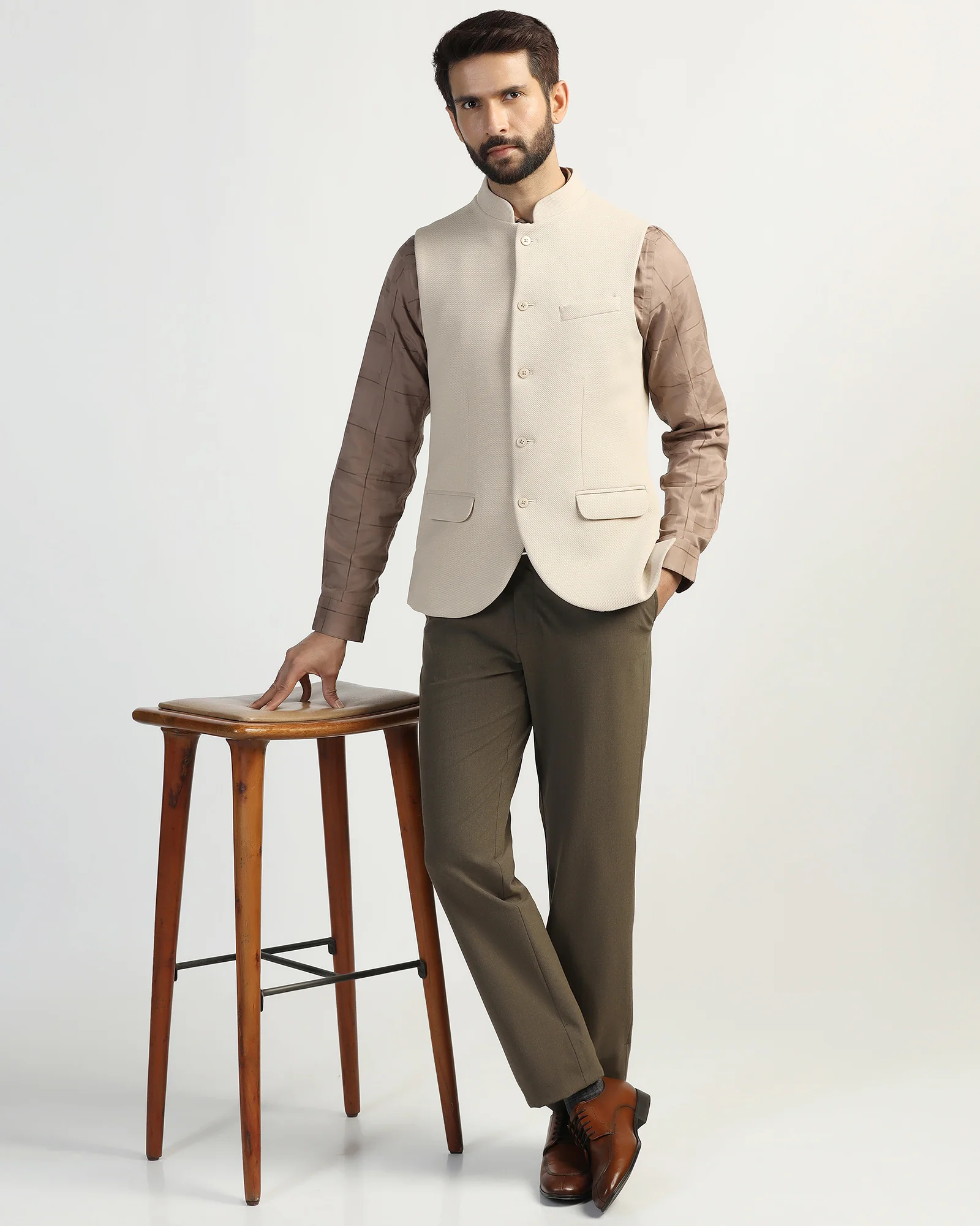 Bandhgala Formal Beige Textured Waistcoat - Clarins - Image 6