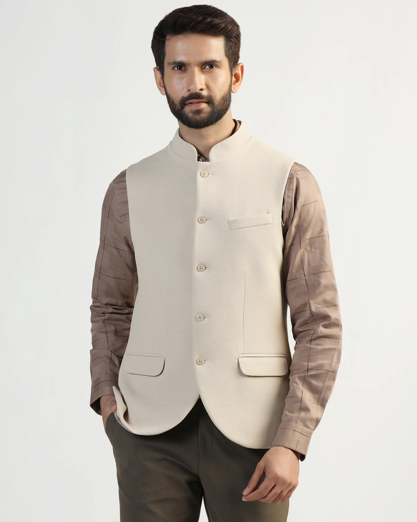 Bandhgala Formal Beige Textured Waistcoat - Clarins - Image 7