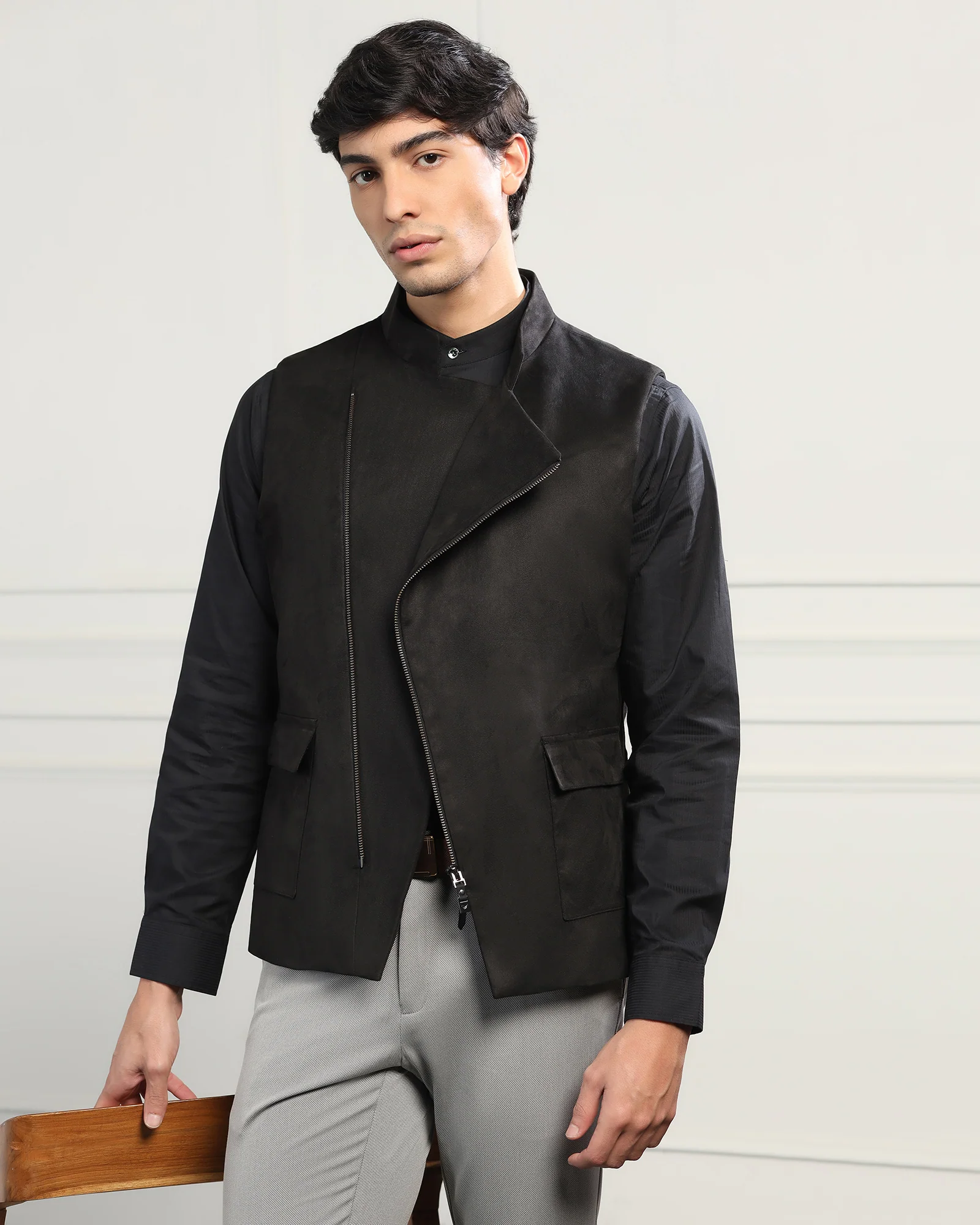 Bandhgala Formal Black Solid Waistcoat - Panther - Image 9