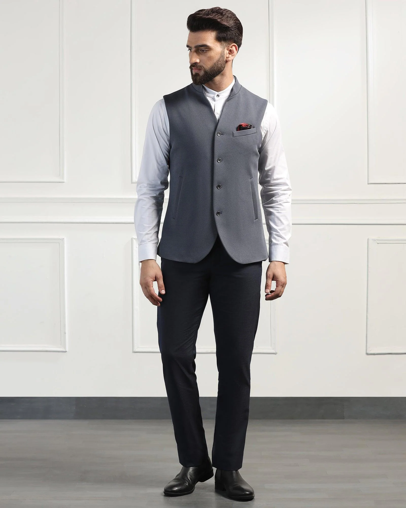 Bandhgala Formal Grey Textured Waistcoat - Sail - Image 3