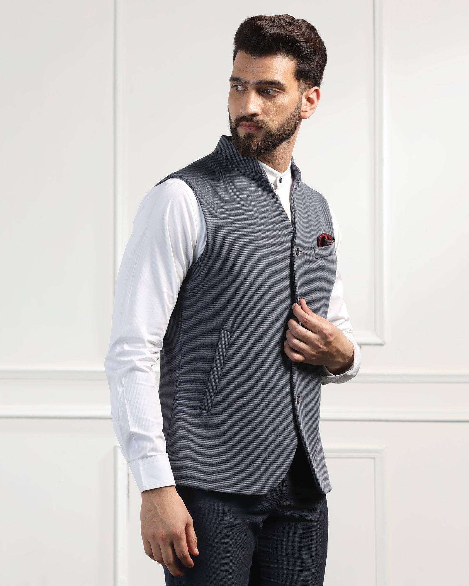 Bandhgala Formal Grey Textured Waistcoat - Sail - Image 6
