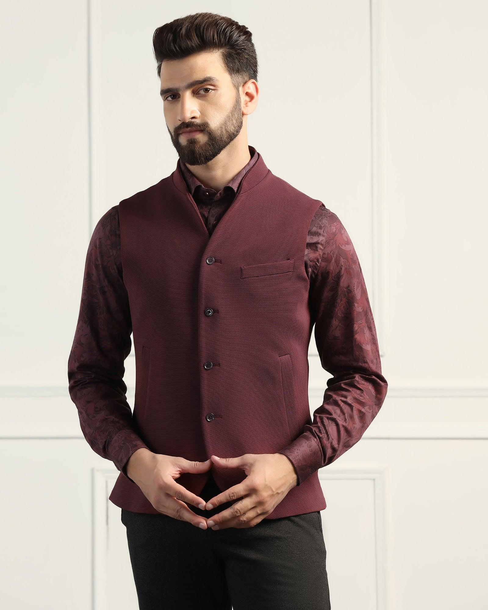 Bandhgala Formal Maroon Textured Waistcoat - Sail - Image 5
