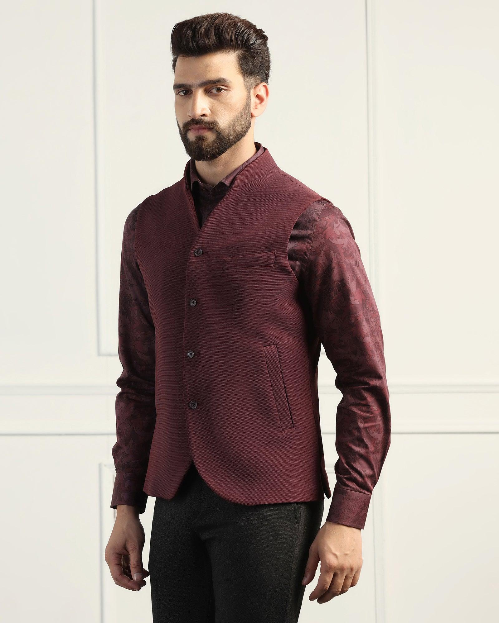 Bandhgala Formal Maroon Textured Waistcoat - Sail - Image 6