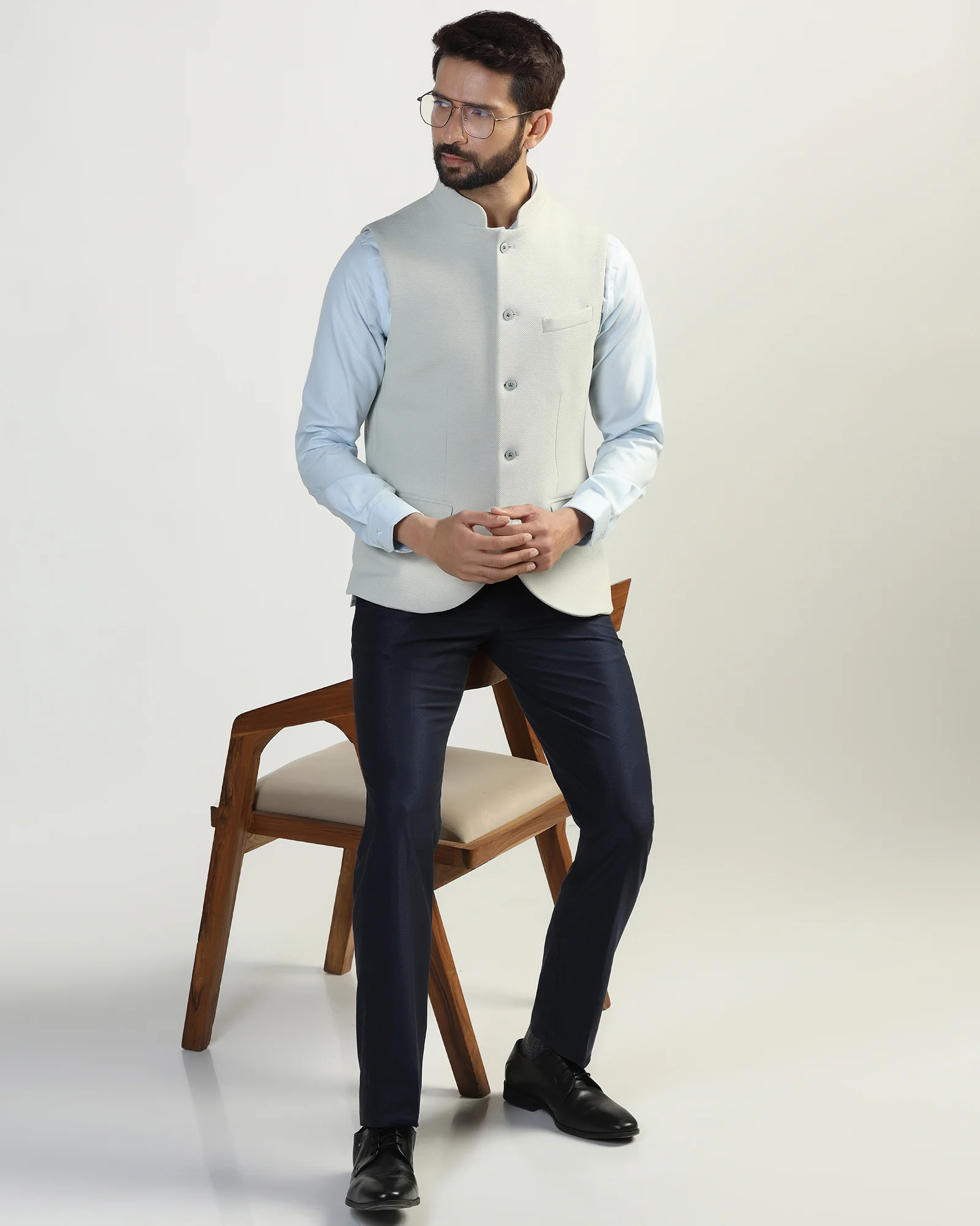 Bandhgala Formal Mint Textured Waistcoat - Clarins - Image 5