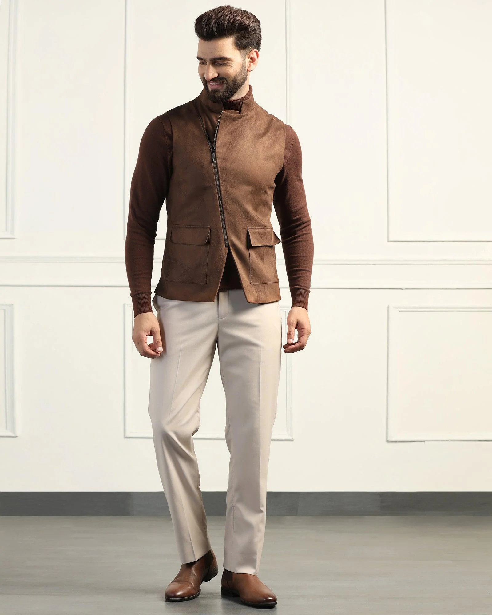 Bandhgala Formal Tobacco Brown Solid Waistcoat - Panther - Image 3