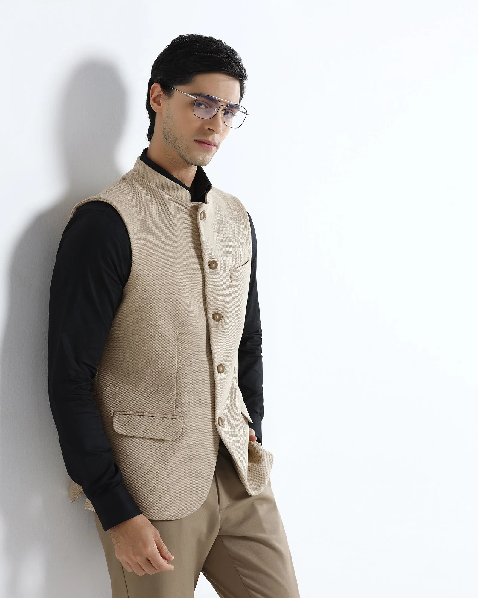 Beige Bandhgala Textured Waistcoat - Levon - Image 6