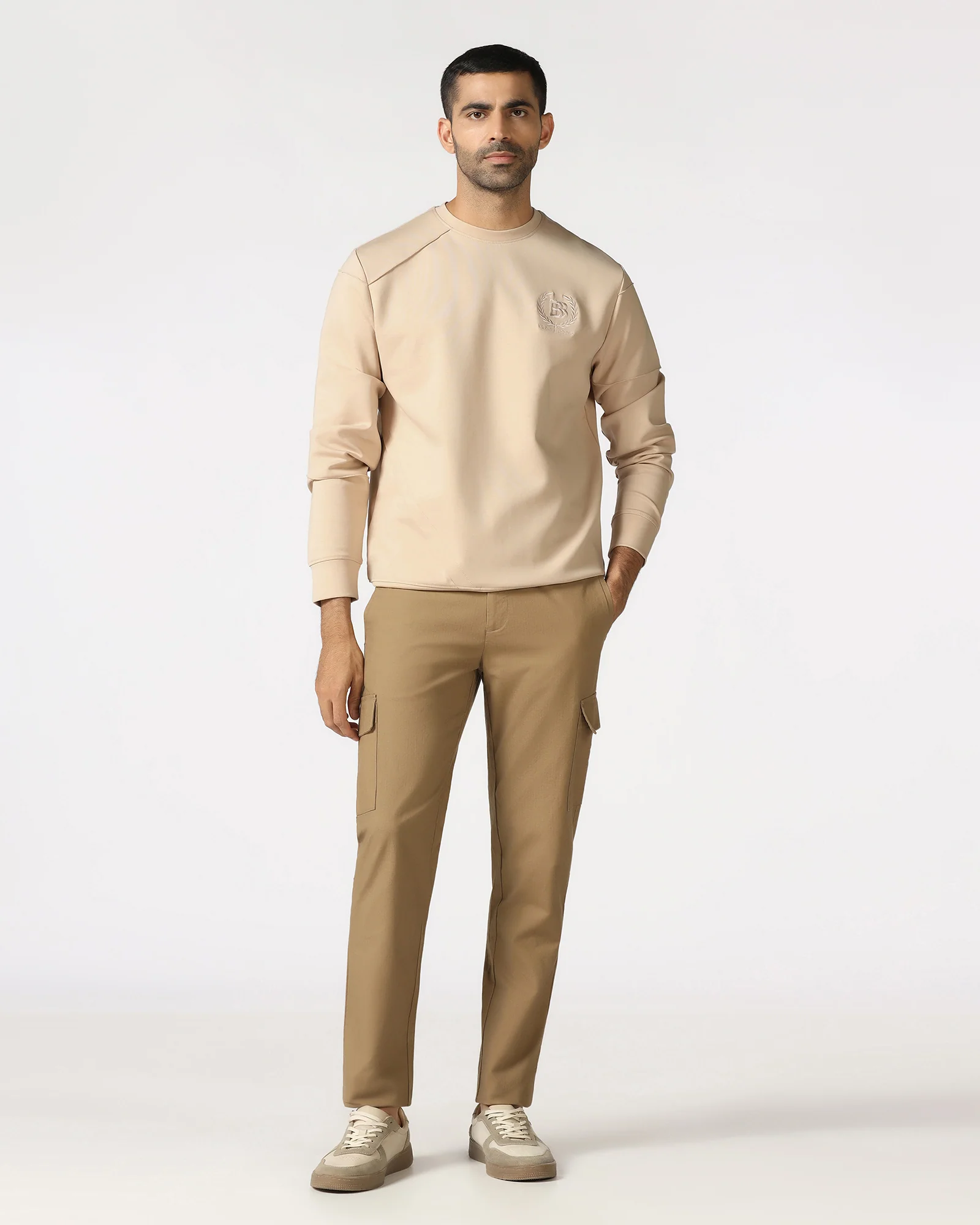 Beige Crew Neck Solid Sweatshirt - Dapper - Image 3
