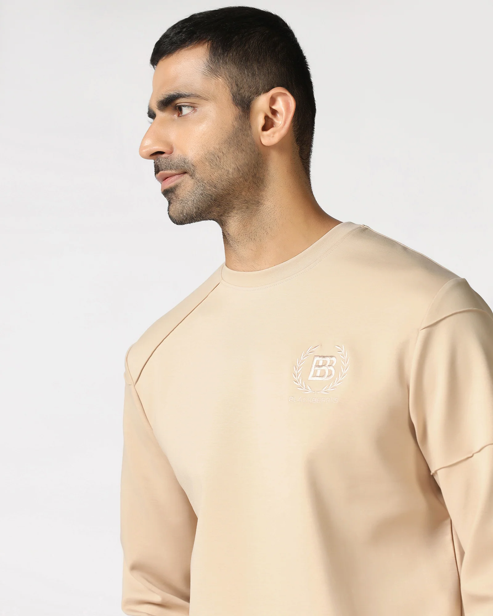 Beige Crew Neck Solid Sweatshirt - Dapper - Image 4