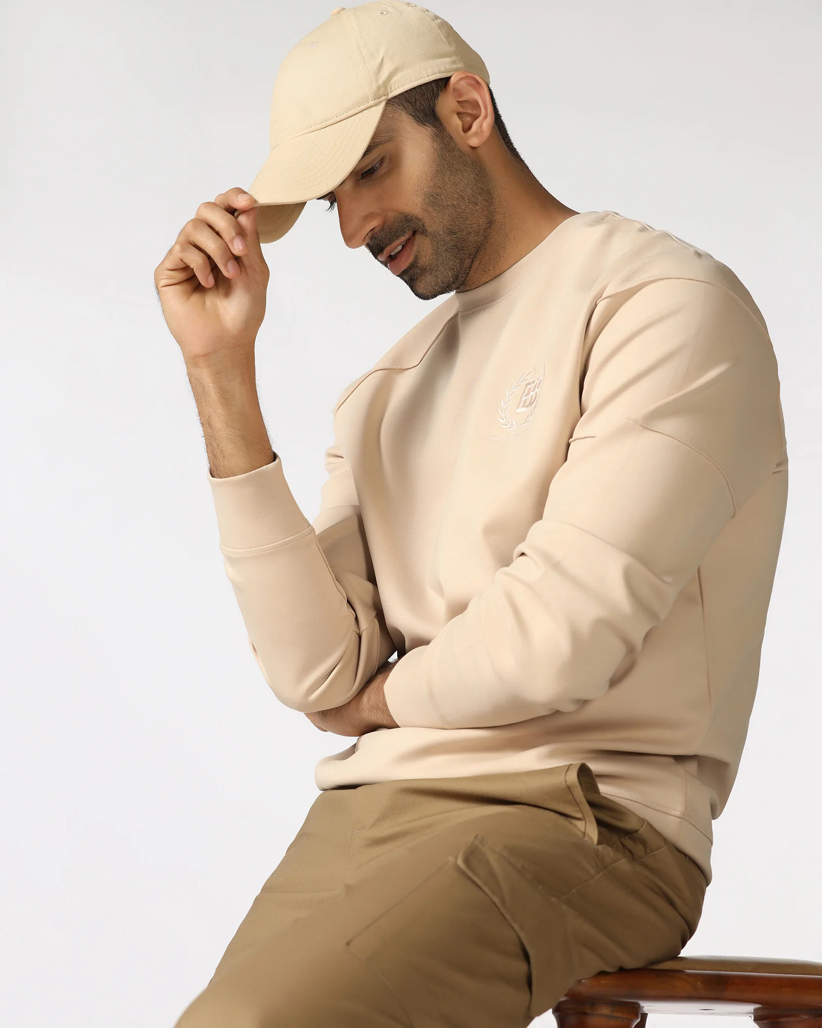 Beige Crew Neck Solid Sweatshirt - Dapper - Image 5