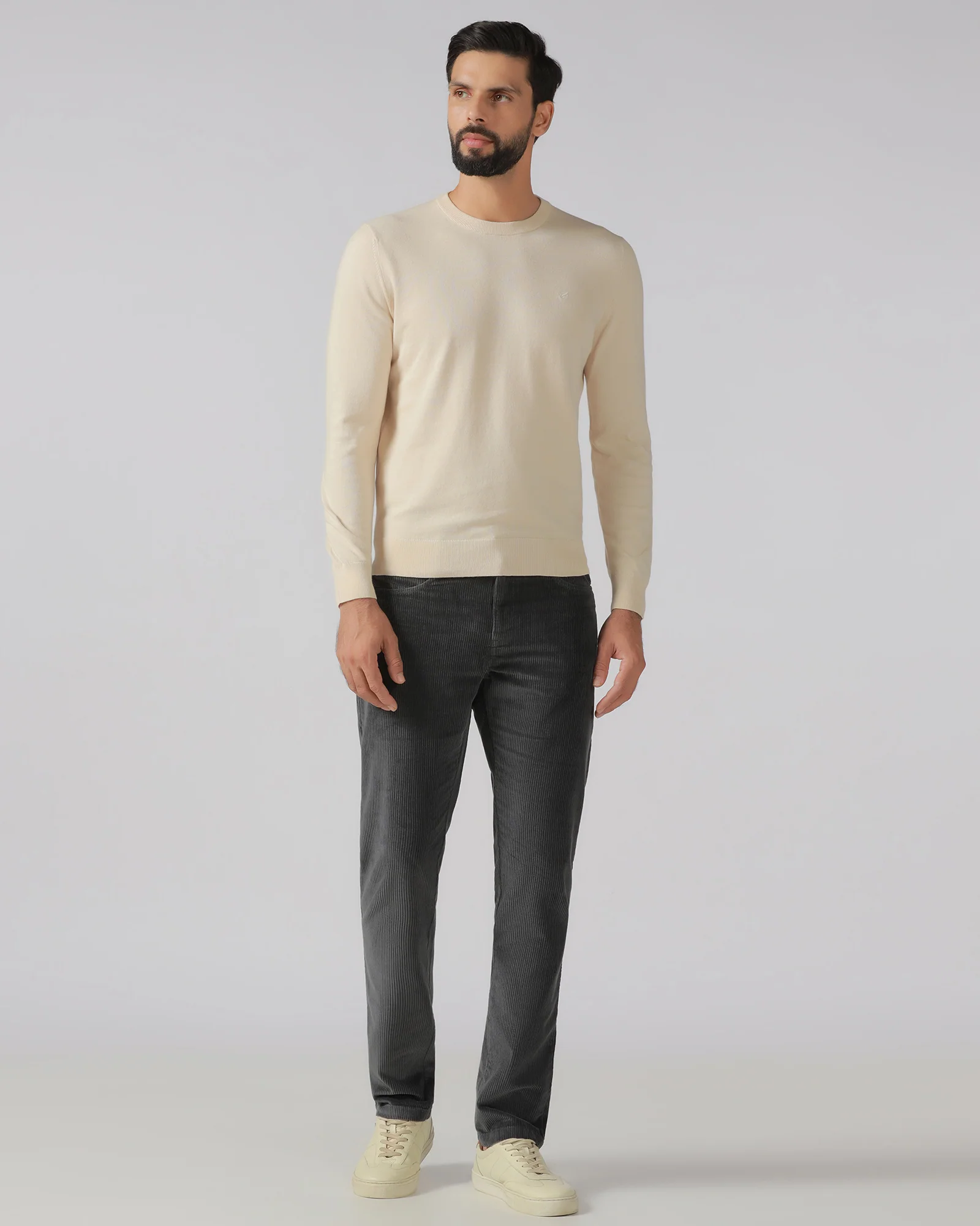 Beige Crew Neck Solid Sweater - Mario - Image 3