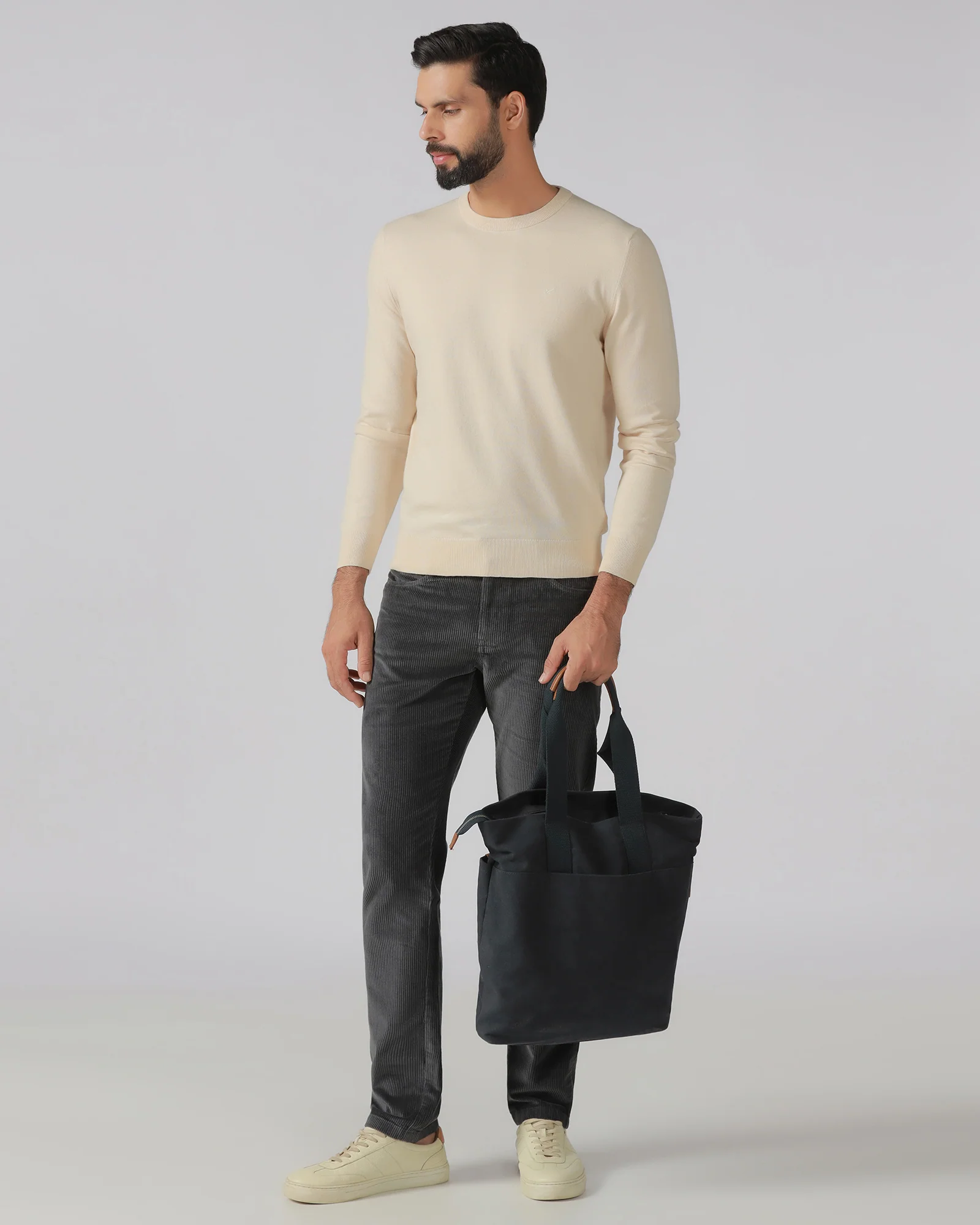 Beige Crew Neck Solid Sweater - Mario - Image 6