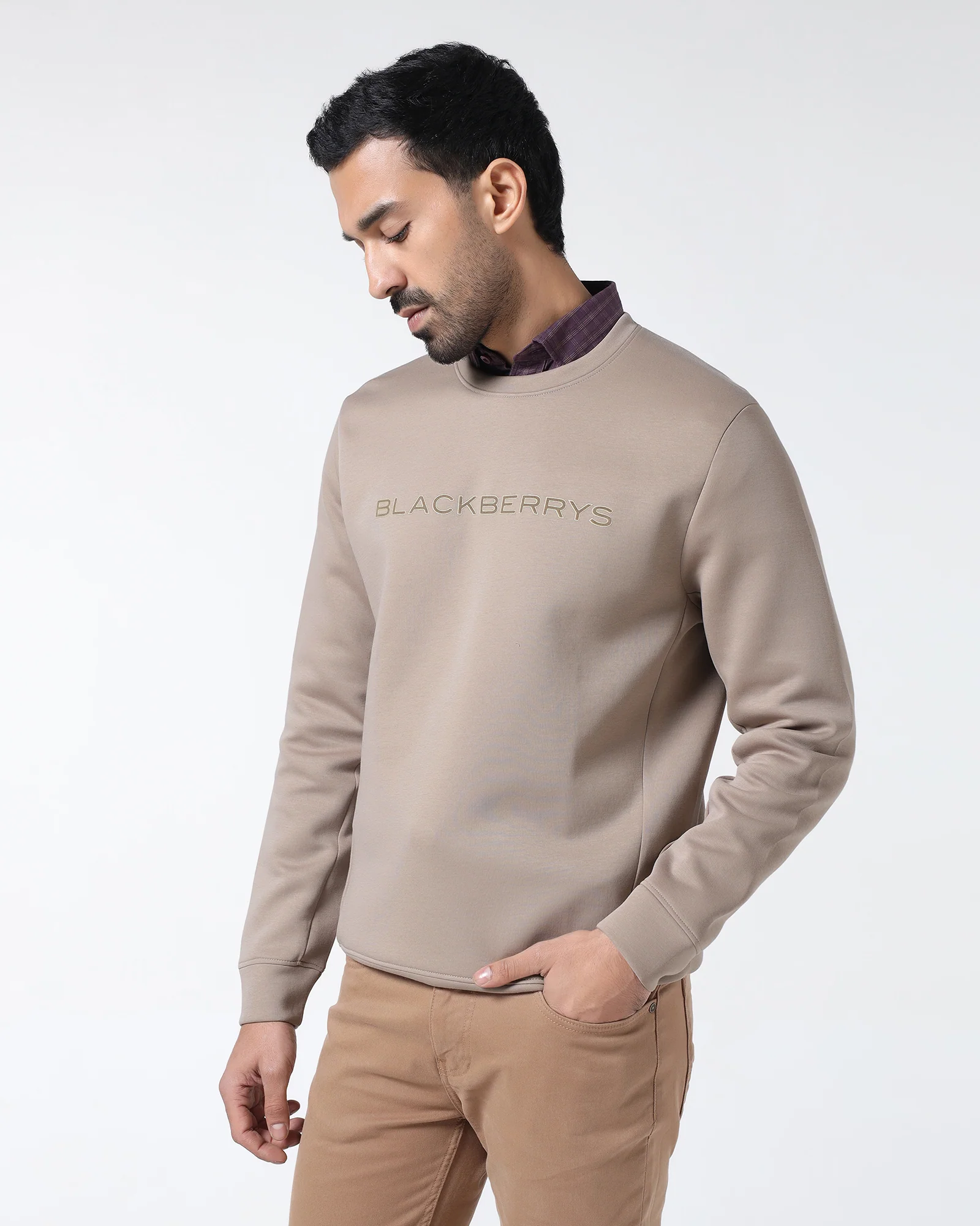 Beige Crew Neck Solid Sweatshirt - Rio
