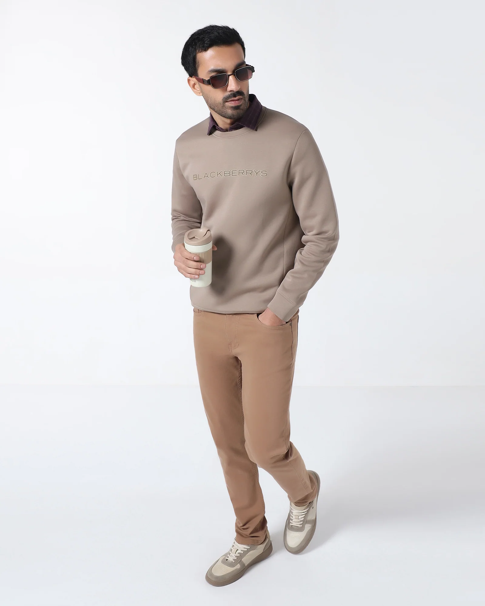Beige Crew Neck Solid Sweatshirt - Rio - Image 5