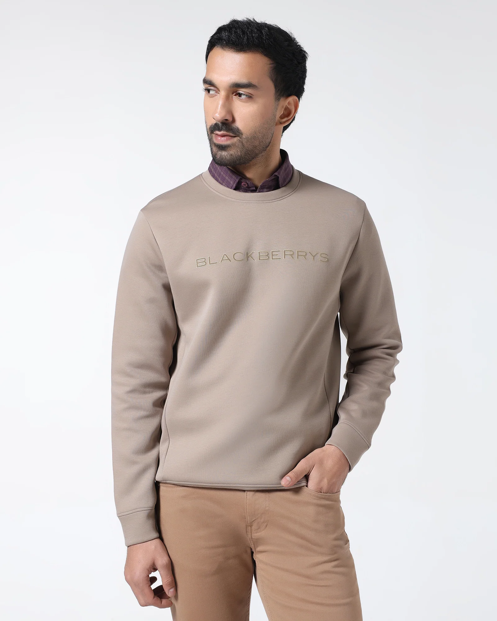 Beige Crew Neck Solid Sweatshirt - Rio - Image 6