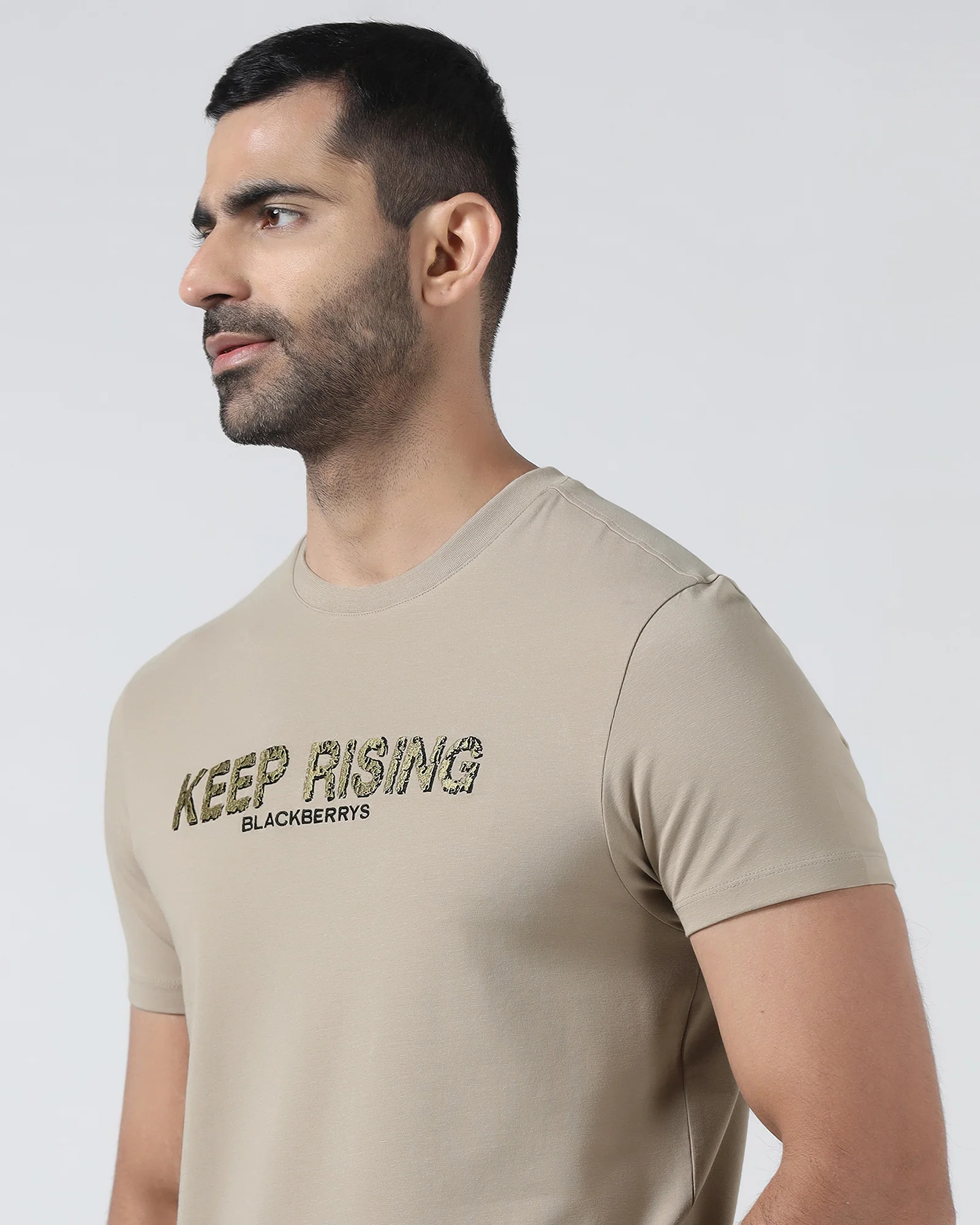 Beige Crew Neck Solid T-Shirt - Rising - Image 4