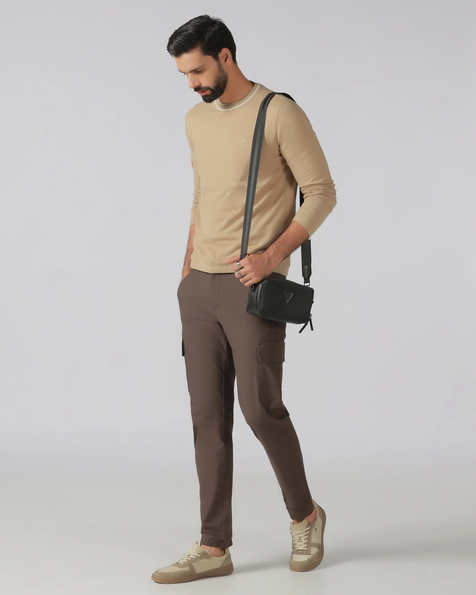 Beige Crew Neck Solid T-Shirt - Timber - Image 5