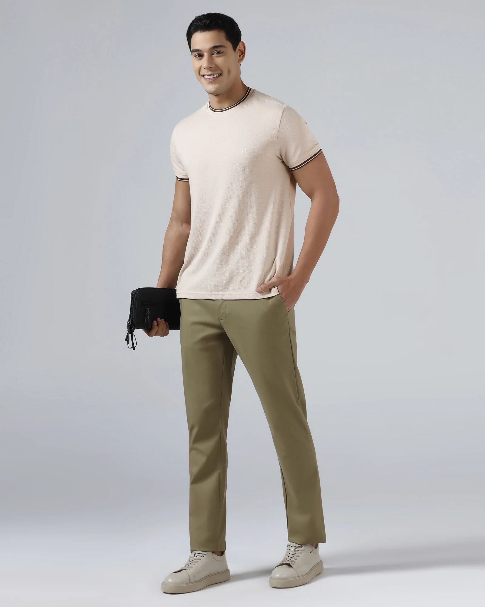 Beige Crew Neck Textured T-Shirt - Doloras - Image 7