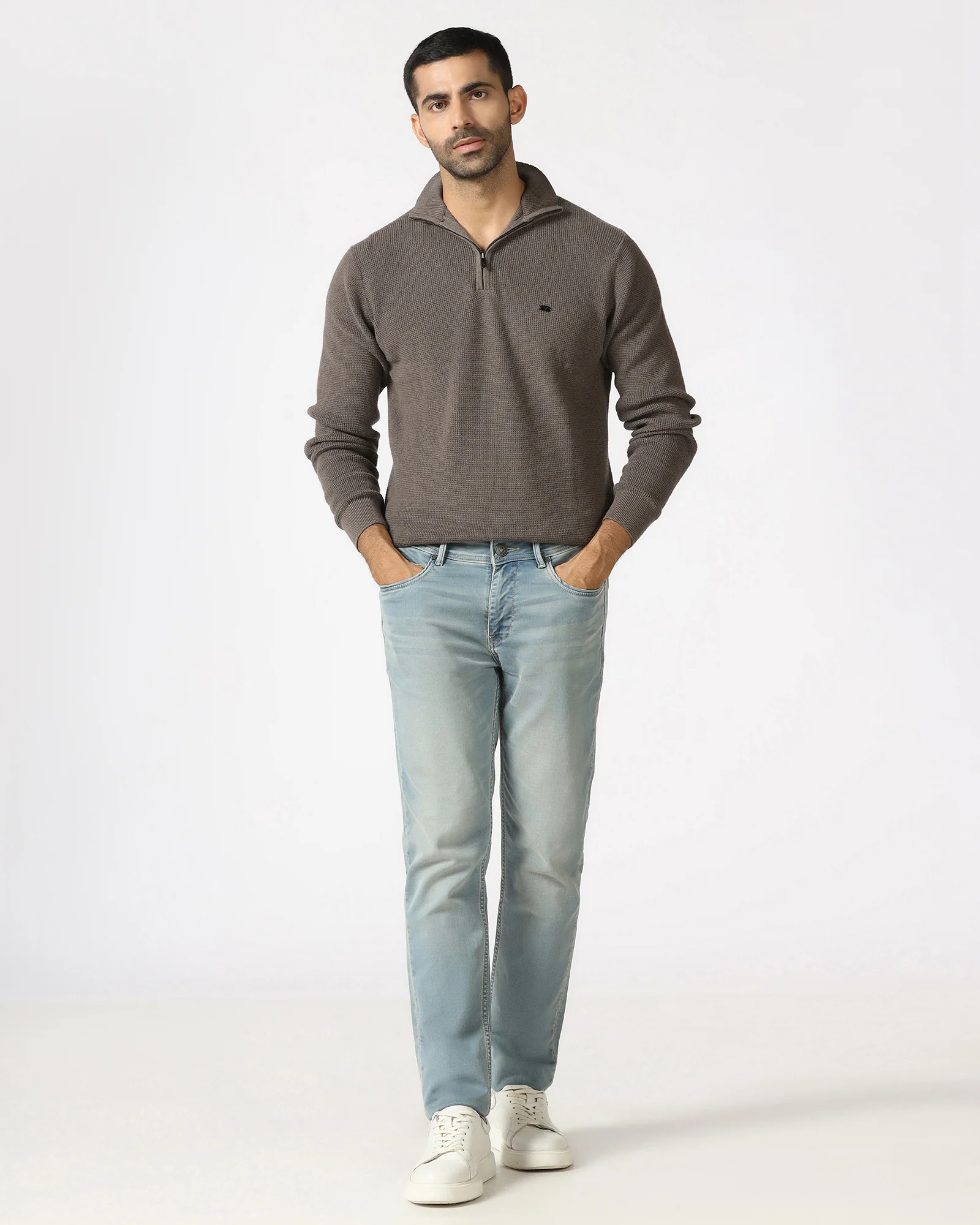 Beige High Neck Jacquard Sweater - Price - Image 3