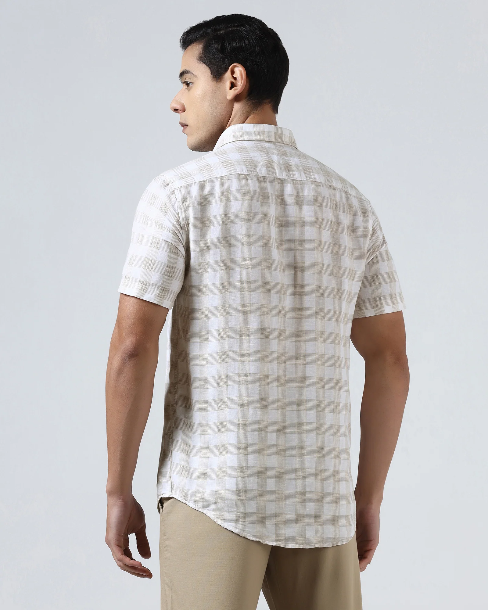 Beige Half Sleeve Linen Check Shirt - Yudi - Image 2