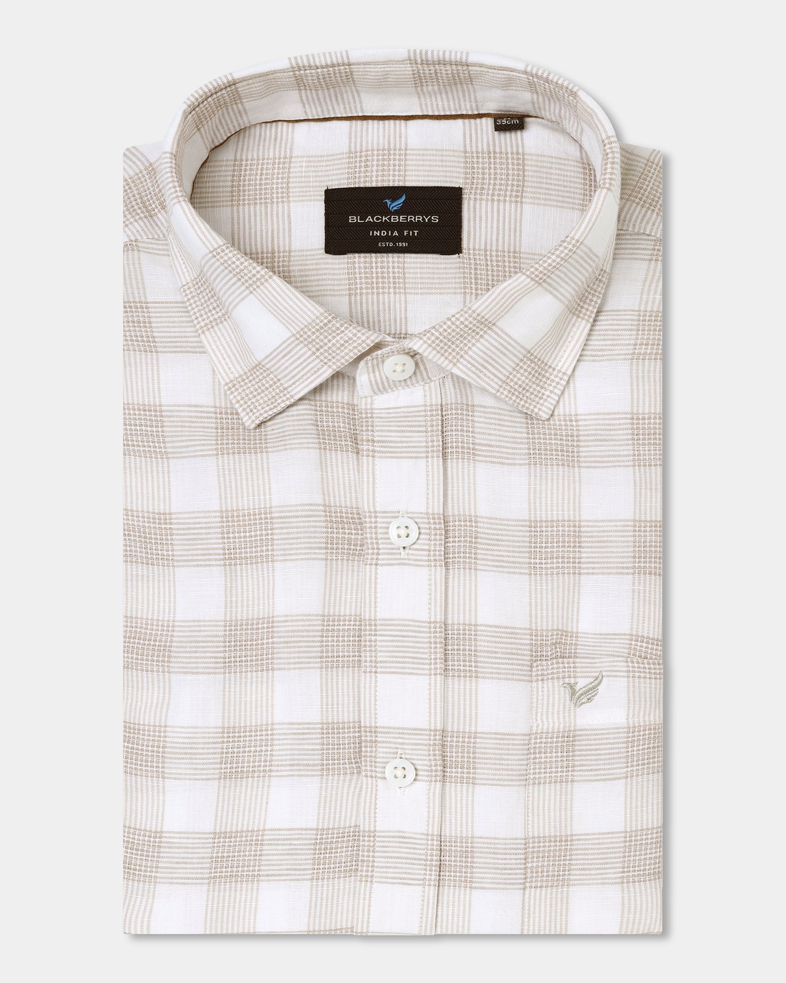 Beige Half Sleeve Linen Check Shirt - Yudi - Image 5
