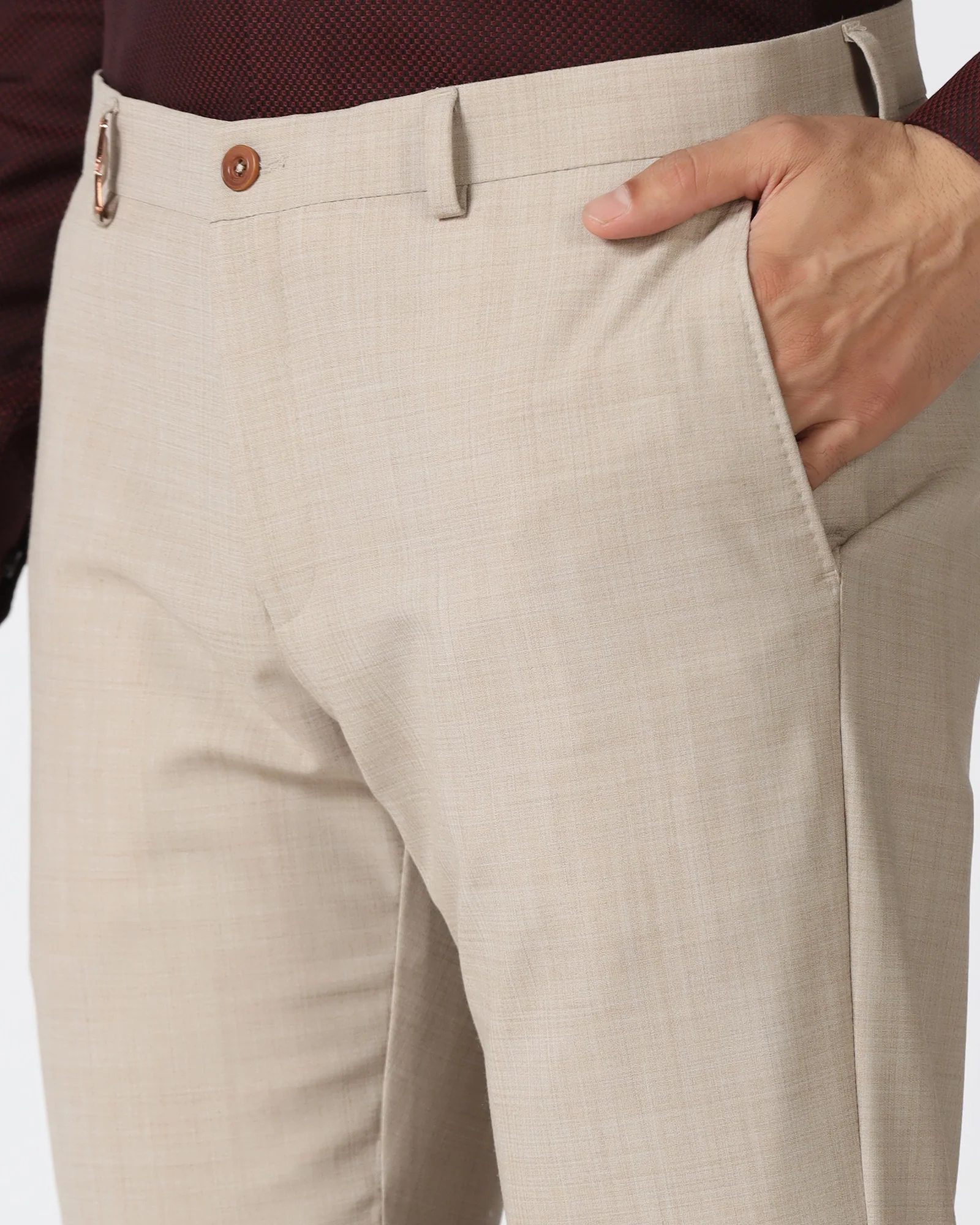 Beige Luxe Check Trouser - Portwine - Image 4