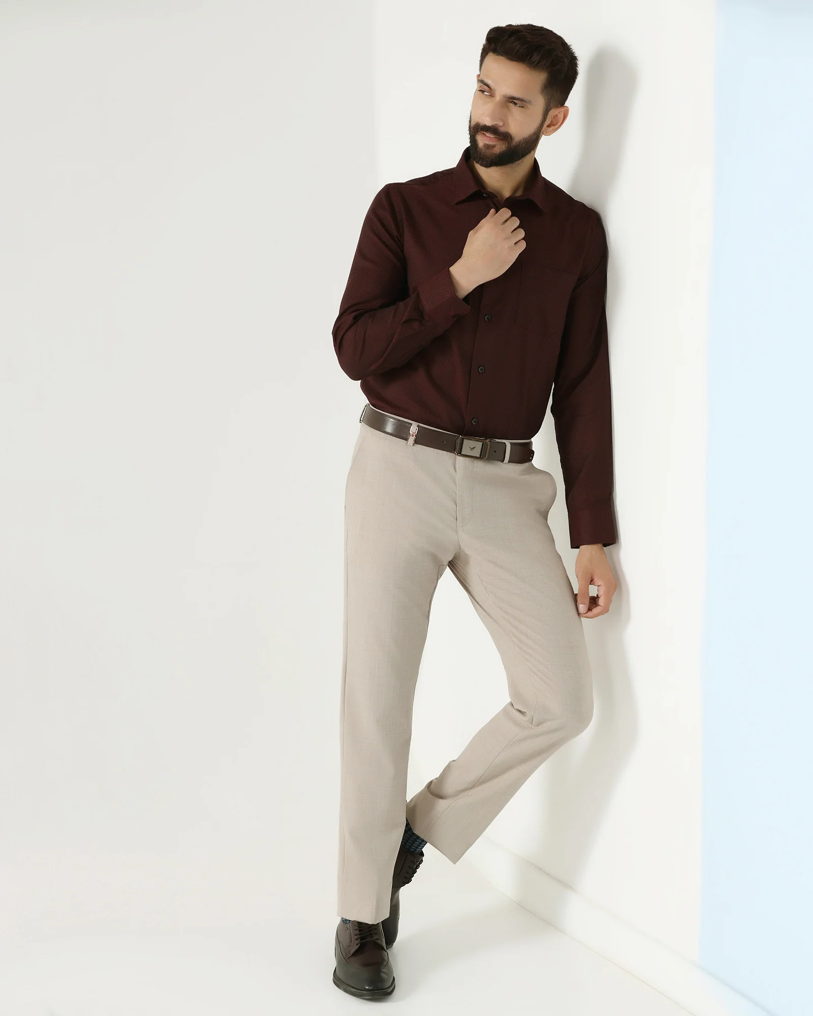 Beige Luxe Check Trouser - Portwine - Image 5