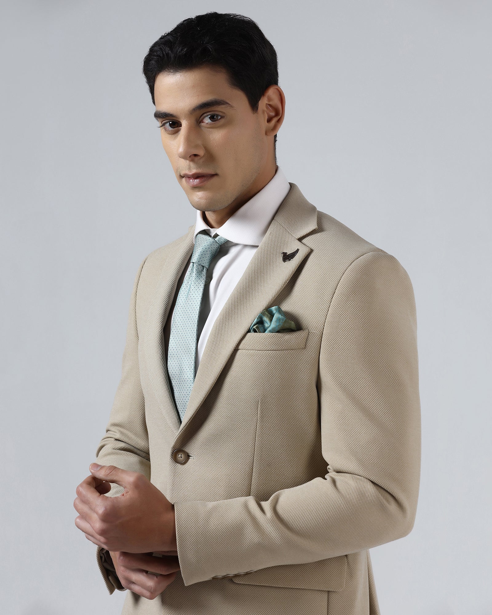Beige Textured Blazer - Jevlon - Image 4