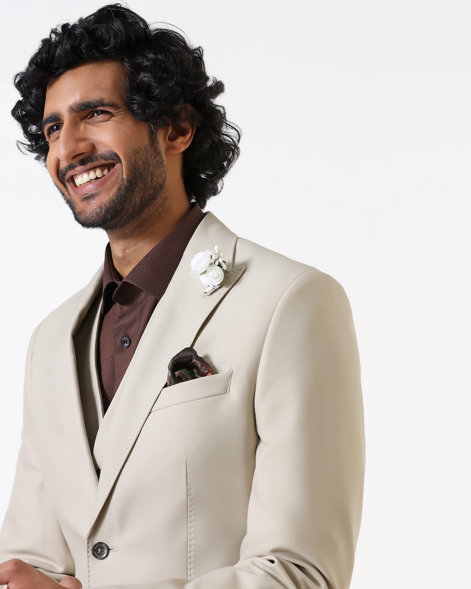 Beige Three Piece Solid Suit - Flint - Image 3