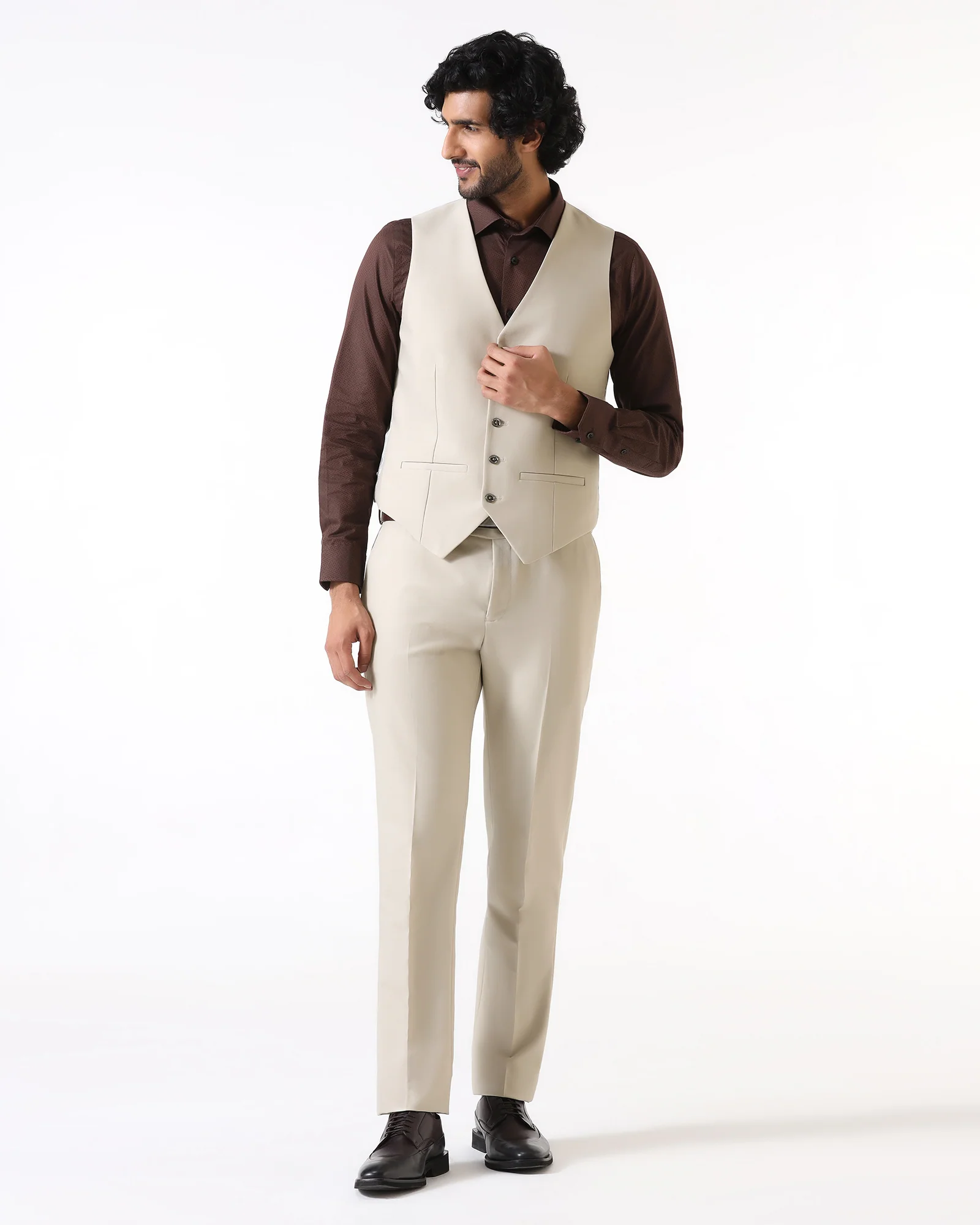 Beige Three Piece Solid Suit - Flint - Image 4