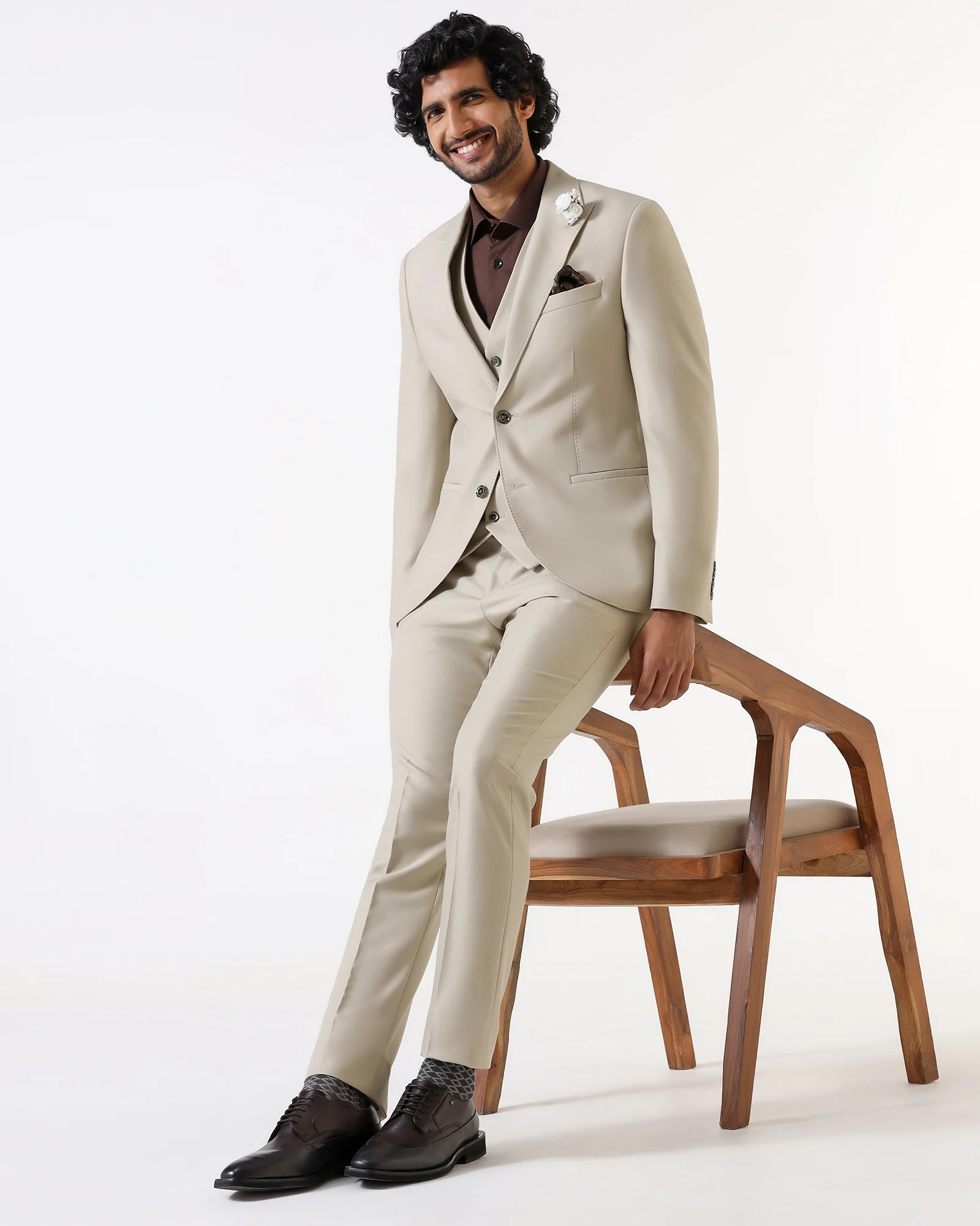 Beige Three Piece Solid Suit - Flint - Image 6