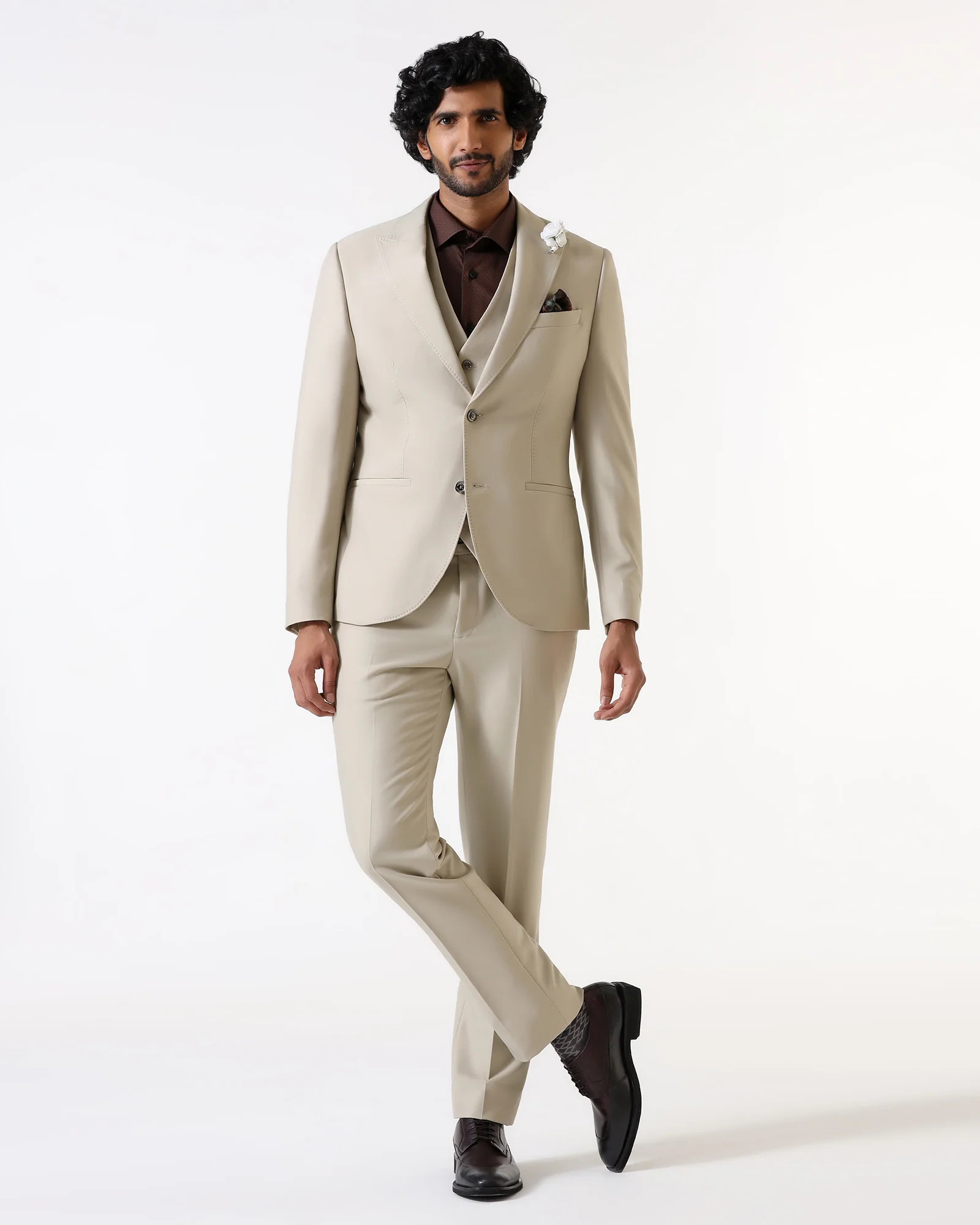 Beige Three Piece Solid Suit - Flint - Image 7