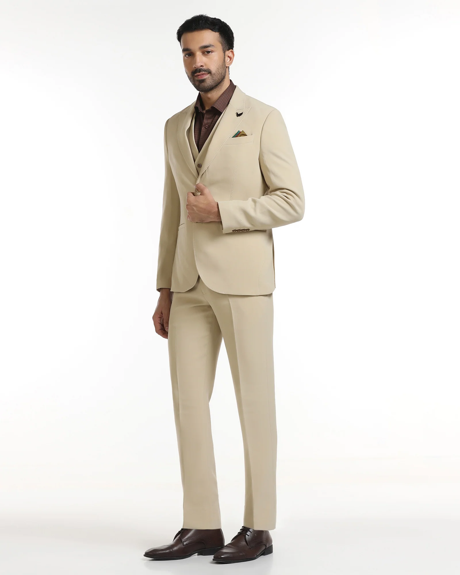 Beige Three Piece Solid Suit - Kover - Image 3