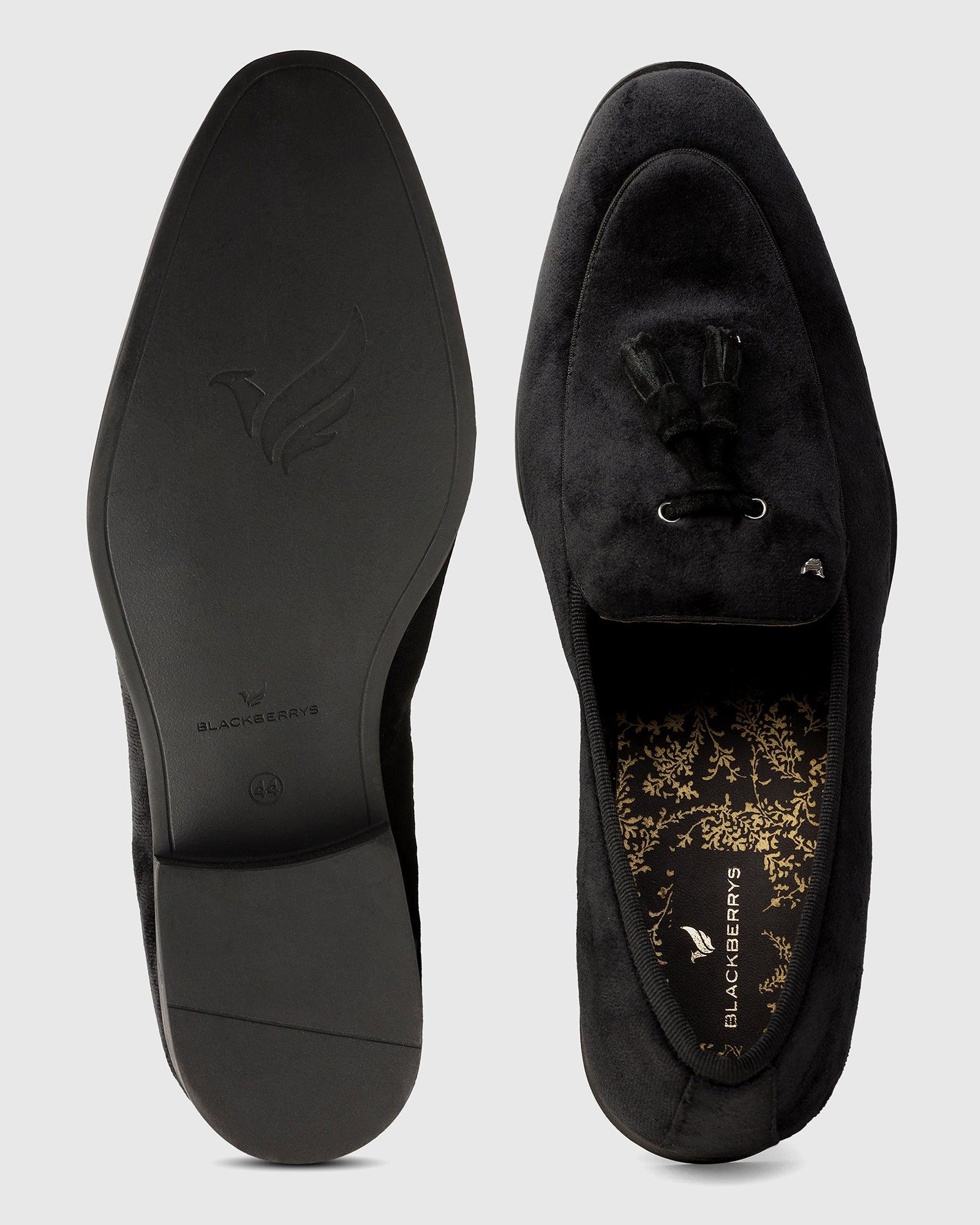 Velvet Black Textured Slip On Shoes - Mrinal - Image 2