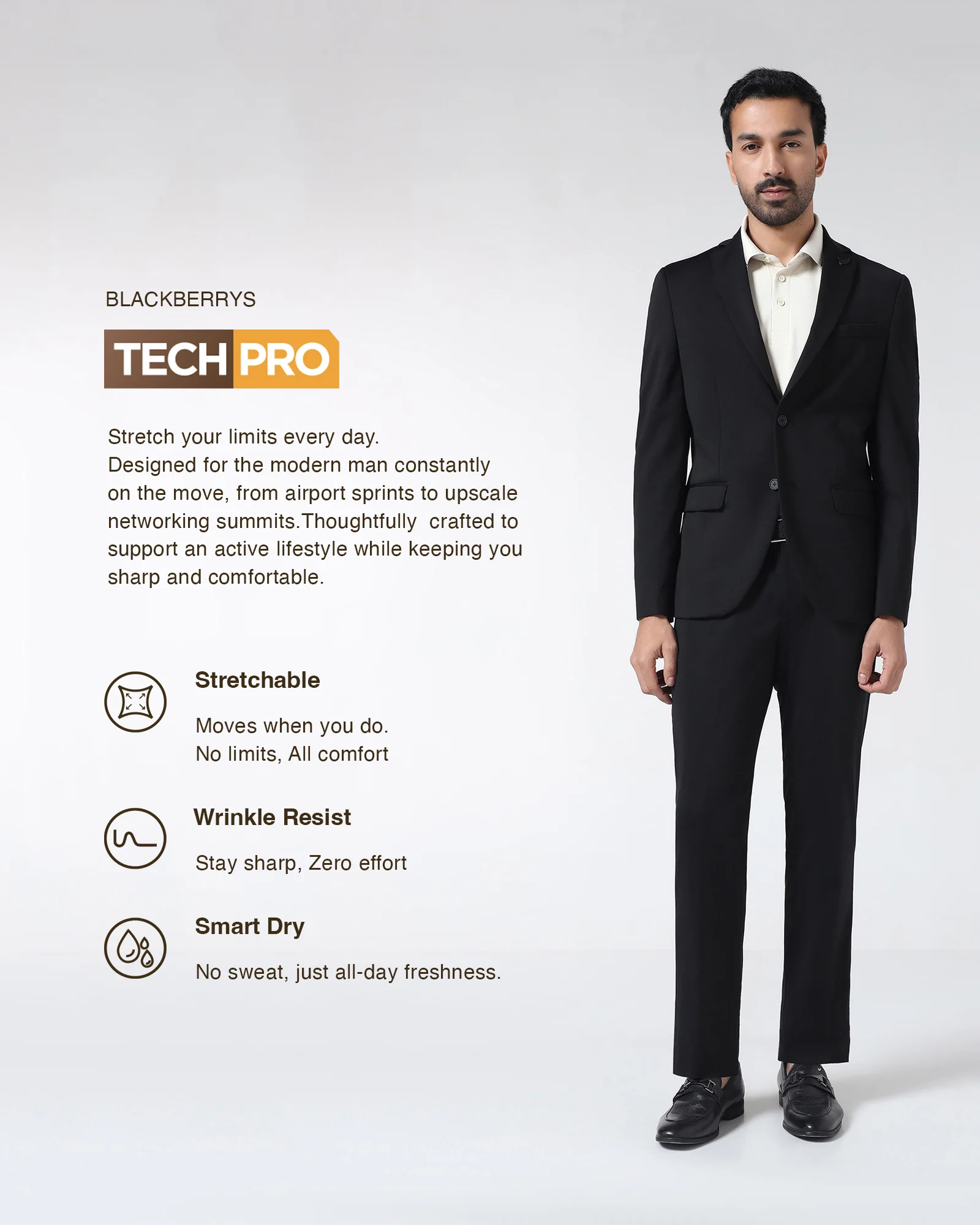 Black Techpro Two Piece Solid Suit - Delore - Image 3