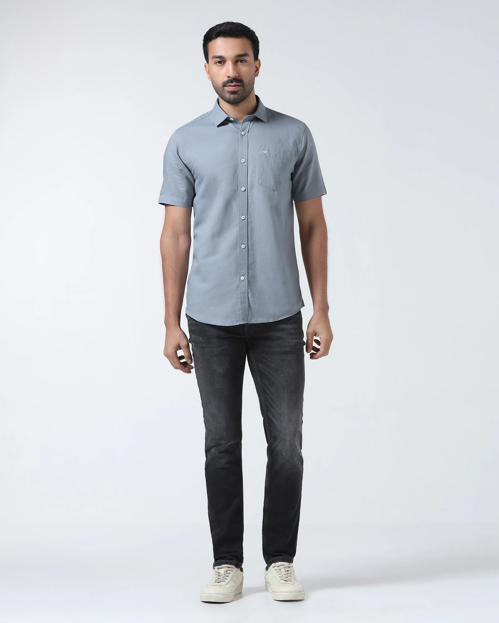 Blue Grey Half Sleeve Linen Solid Shirt - Cleo - Image 3