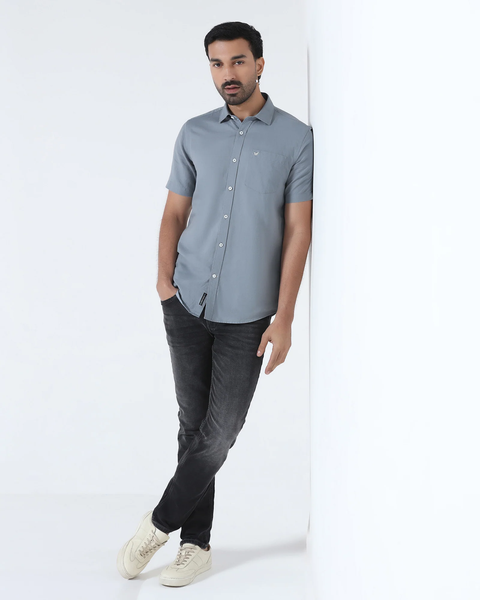 Blue Grey Half Sleeve Linen Solid Shirt - Cleo - Image 7