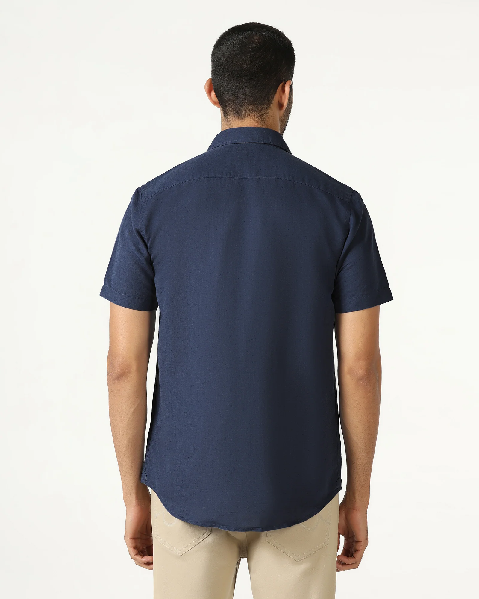 Blue Half Sleeve Linen Solid Shirt - Salmon - Image 2