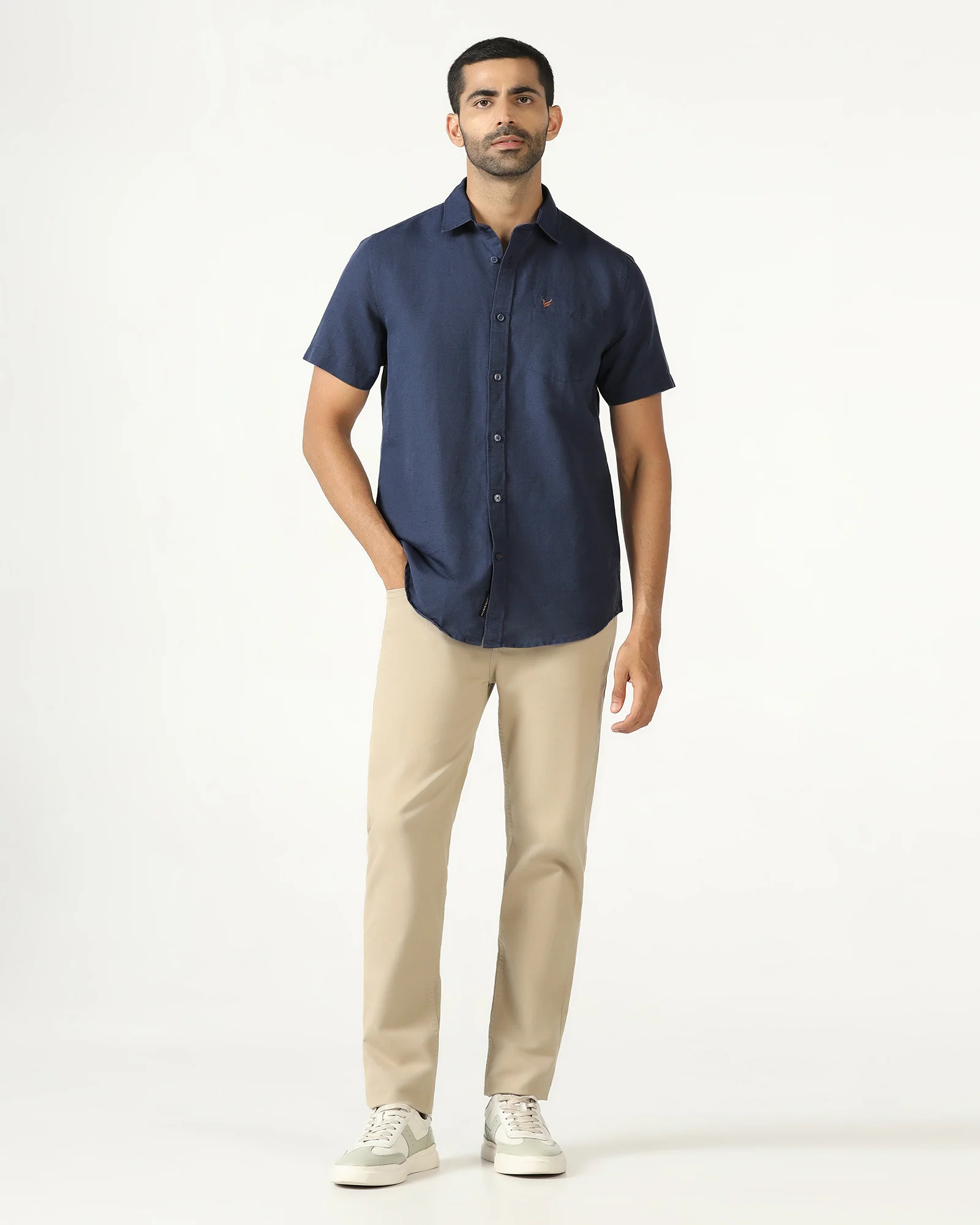 Blue Half Sleeve Linen Solid Shirt - Salmon - Image 3