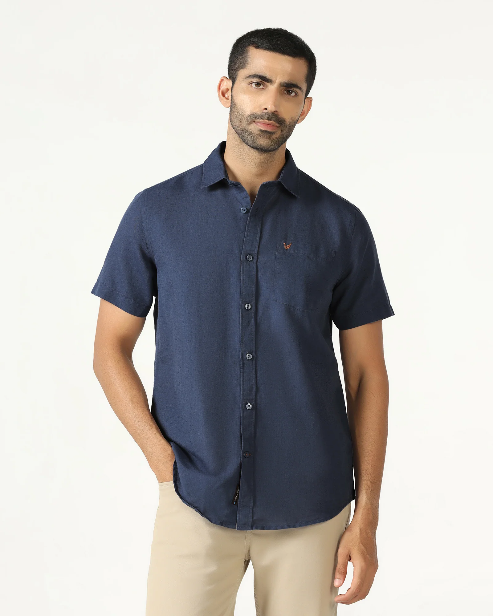 Blue Half Sleeve Linen Solid Shirt - Salmon - Image 8