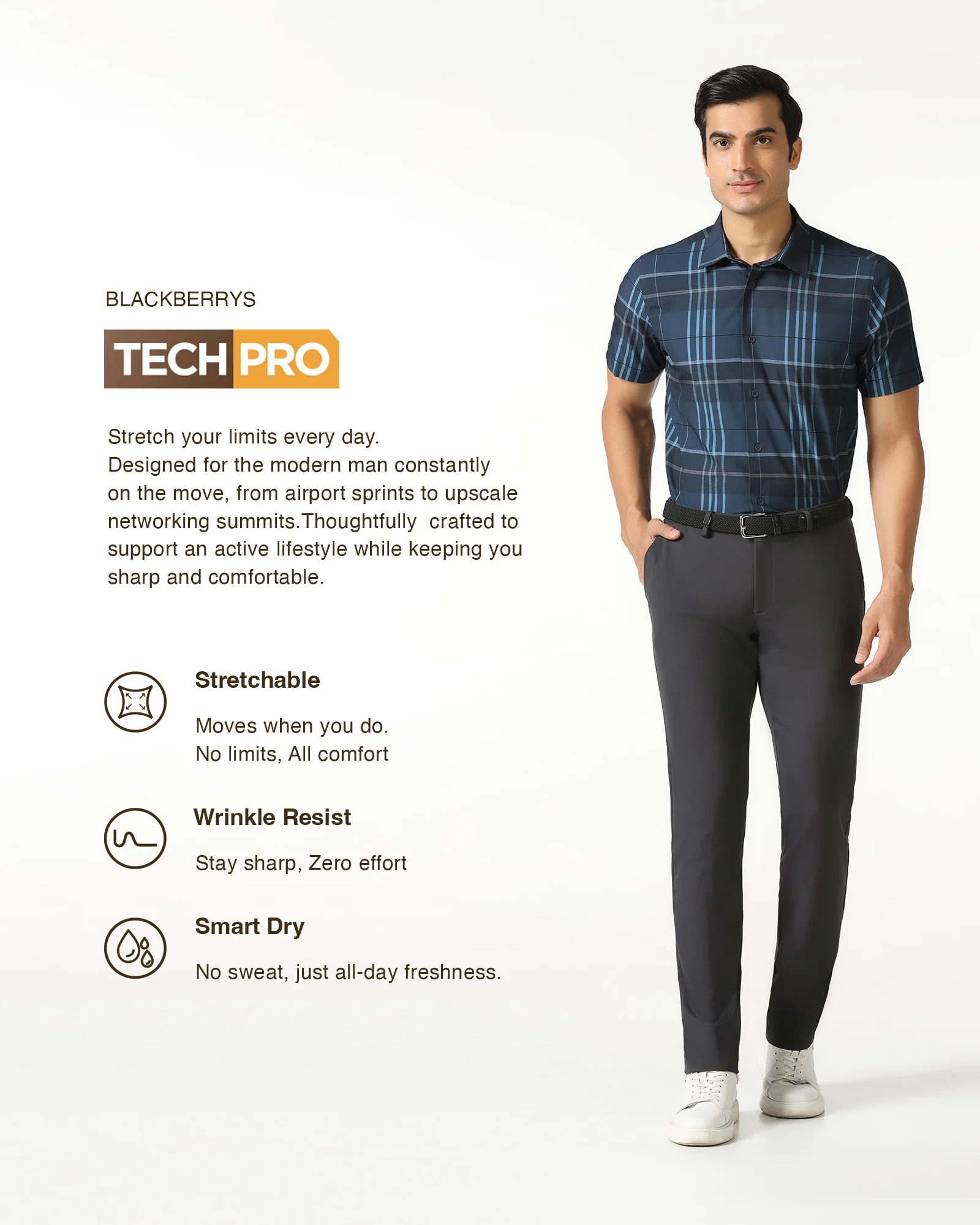 Blue Half Sleeve TechPro Check Shirt - Glen - Image 3