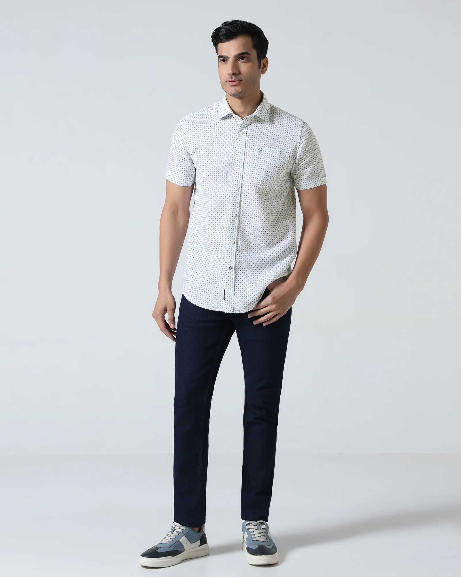 Blue Half Sleeve Linen Printed Shirt - Rogel - Image 3