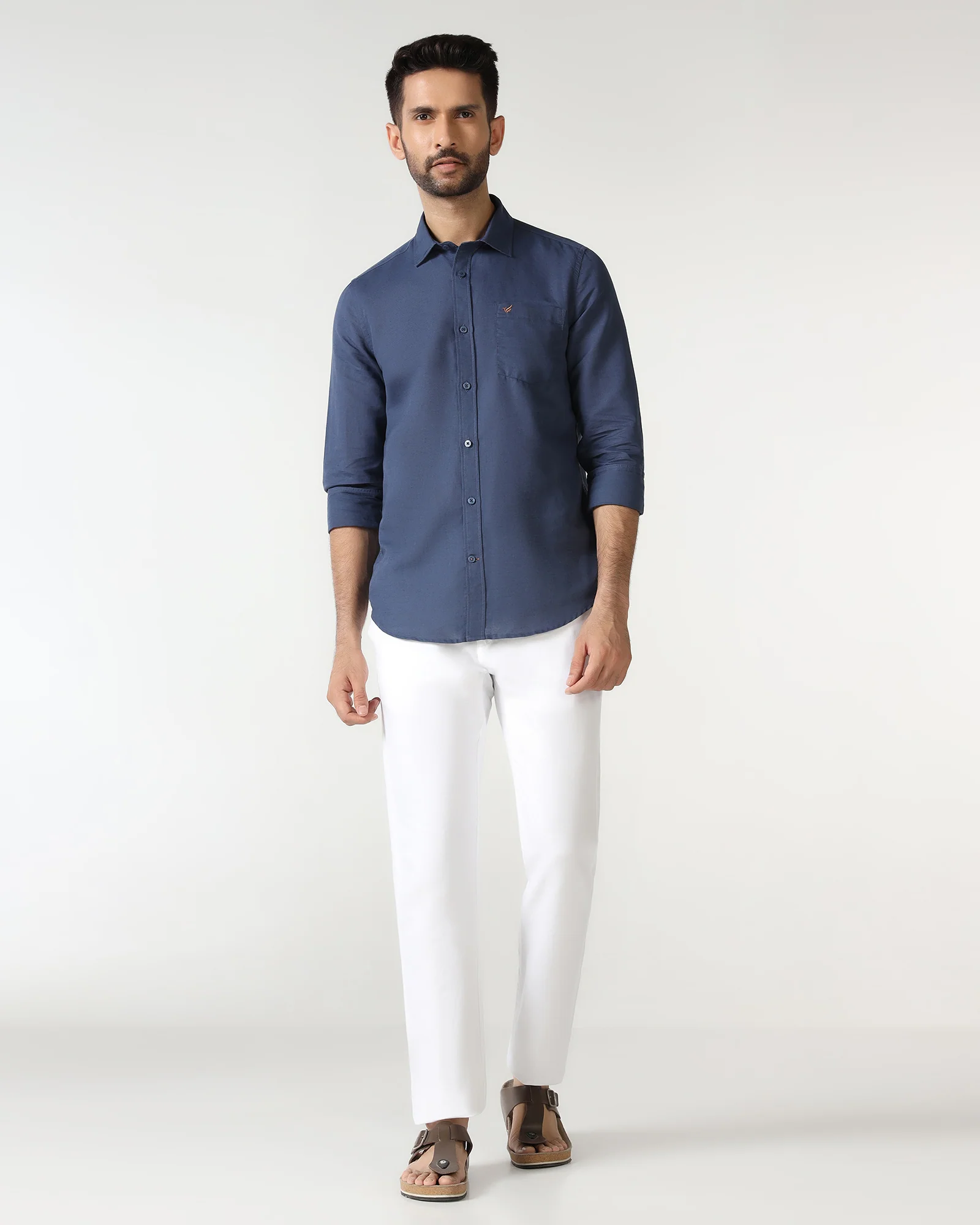 Blue Linen Solid Shirt - Salmon - Image 3