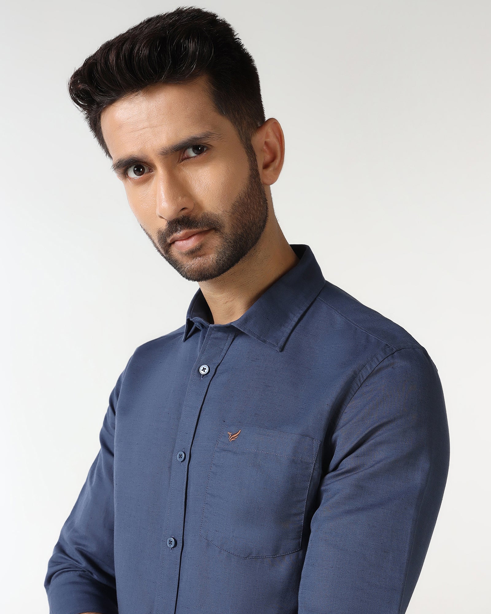 Blue Linen Solid Shirt - Salmon - Image 4